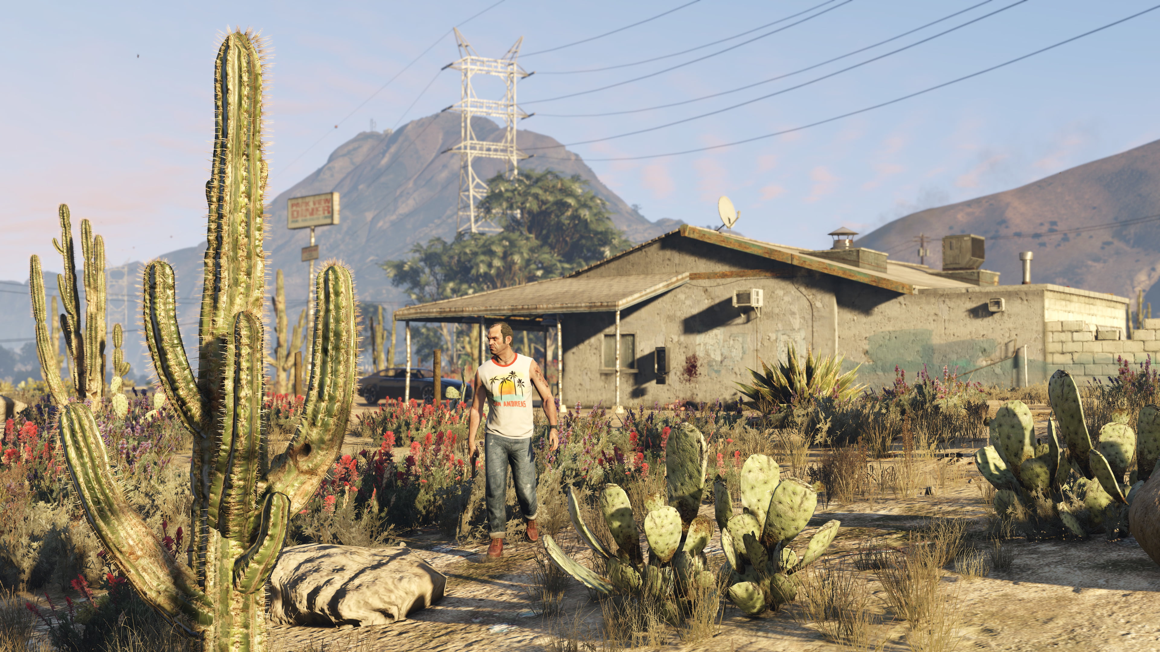 cactus, men, standing, full length, architecture, gta 5, sky, built structure, front view, real people, Phillips, plant, building exterior, mountain, 4K, HD Wallpaper