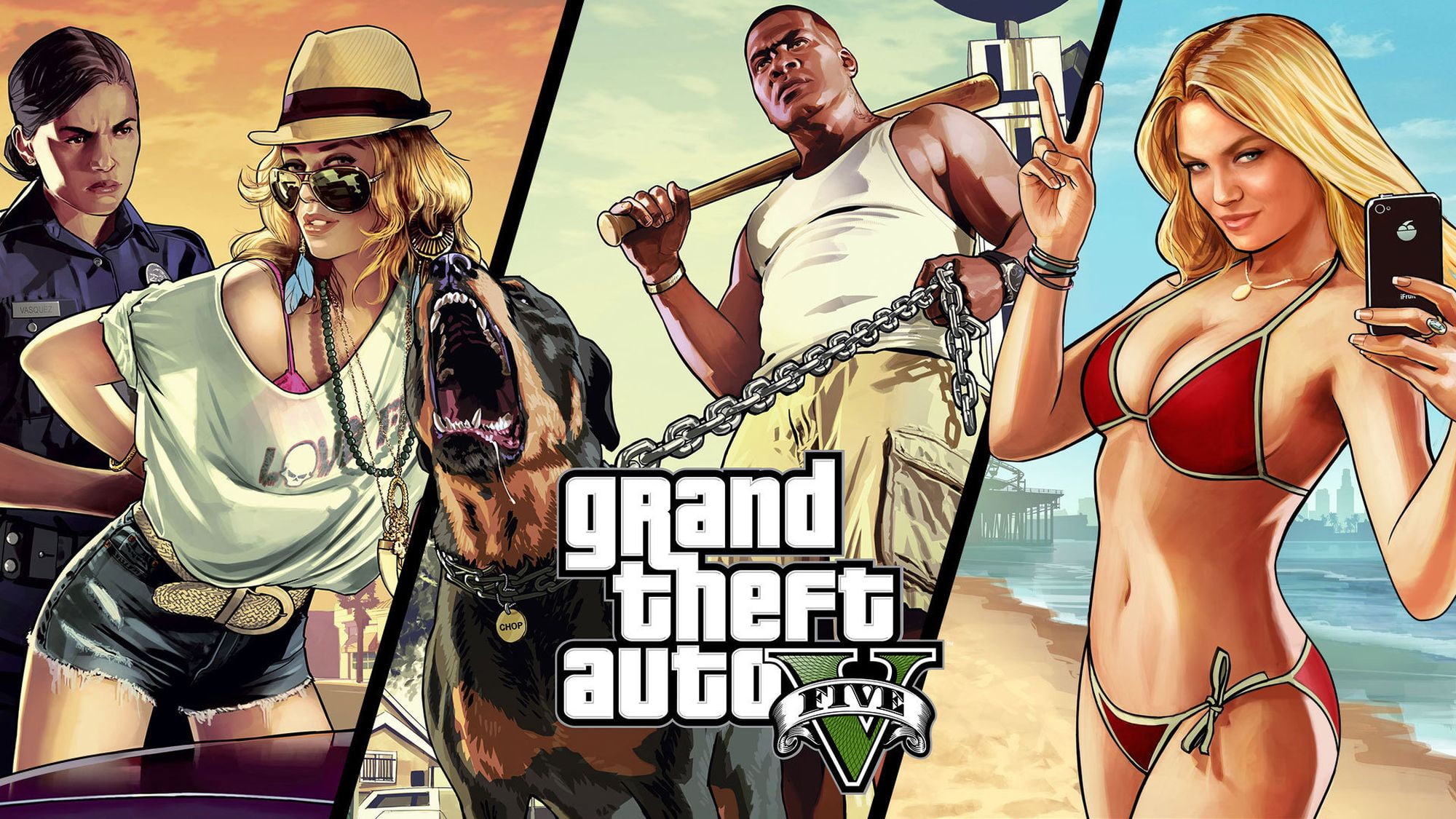 Peace Sign, Blonde, Shorts, Man, Watch, Sunglasses, Beach, Belt, Smile, Police, Baseball Bat, Necklace, 1080P, Grand Theft Auto, Woman, Chain, Grand Theft Auto V, HD Wallpaper