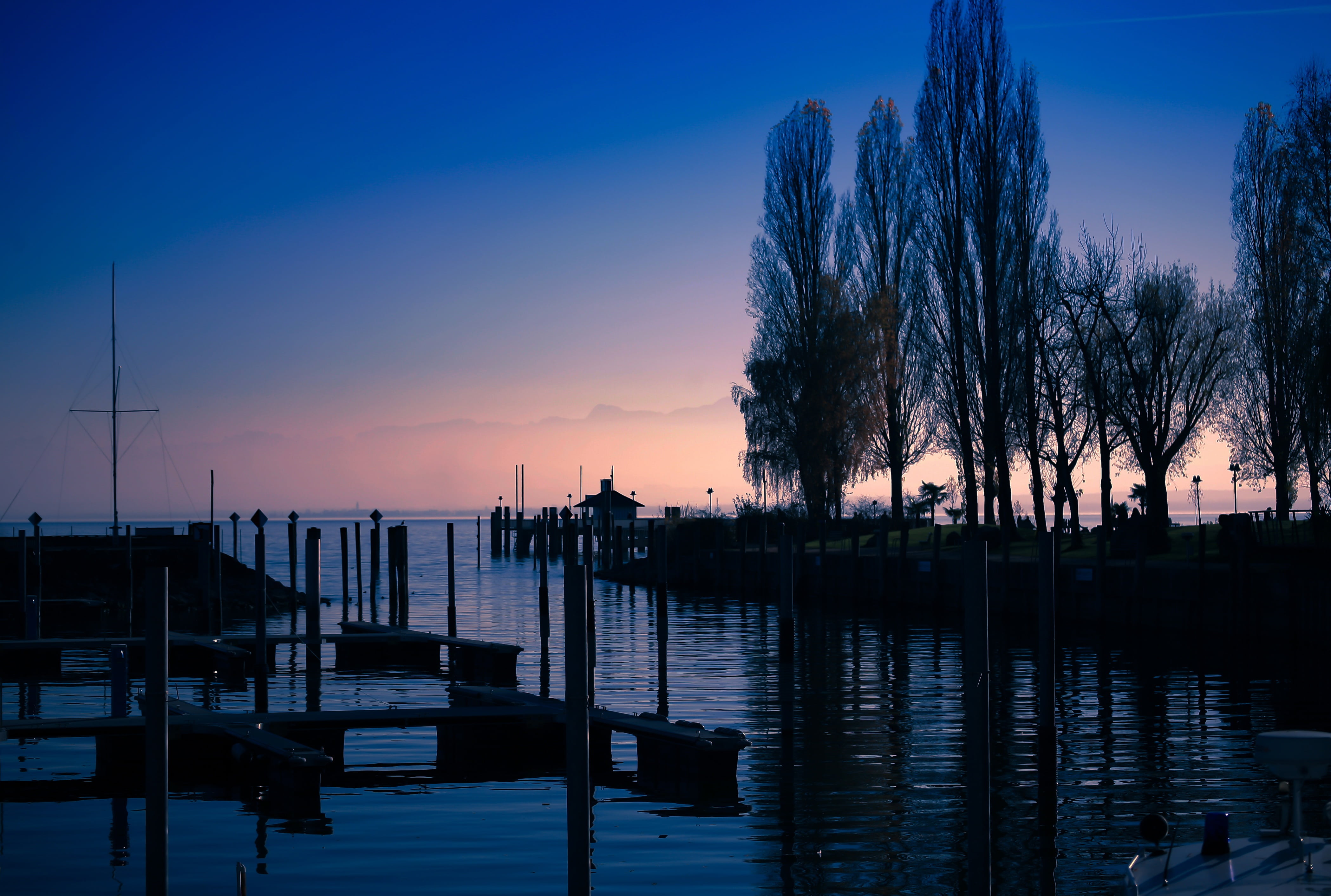 illuminated, nautical vessel, evening, tranquility, near, lake constance, tree, sun, building exterior, mood, sky, architecture, desktop background, bright, HD Wallpaper