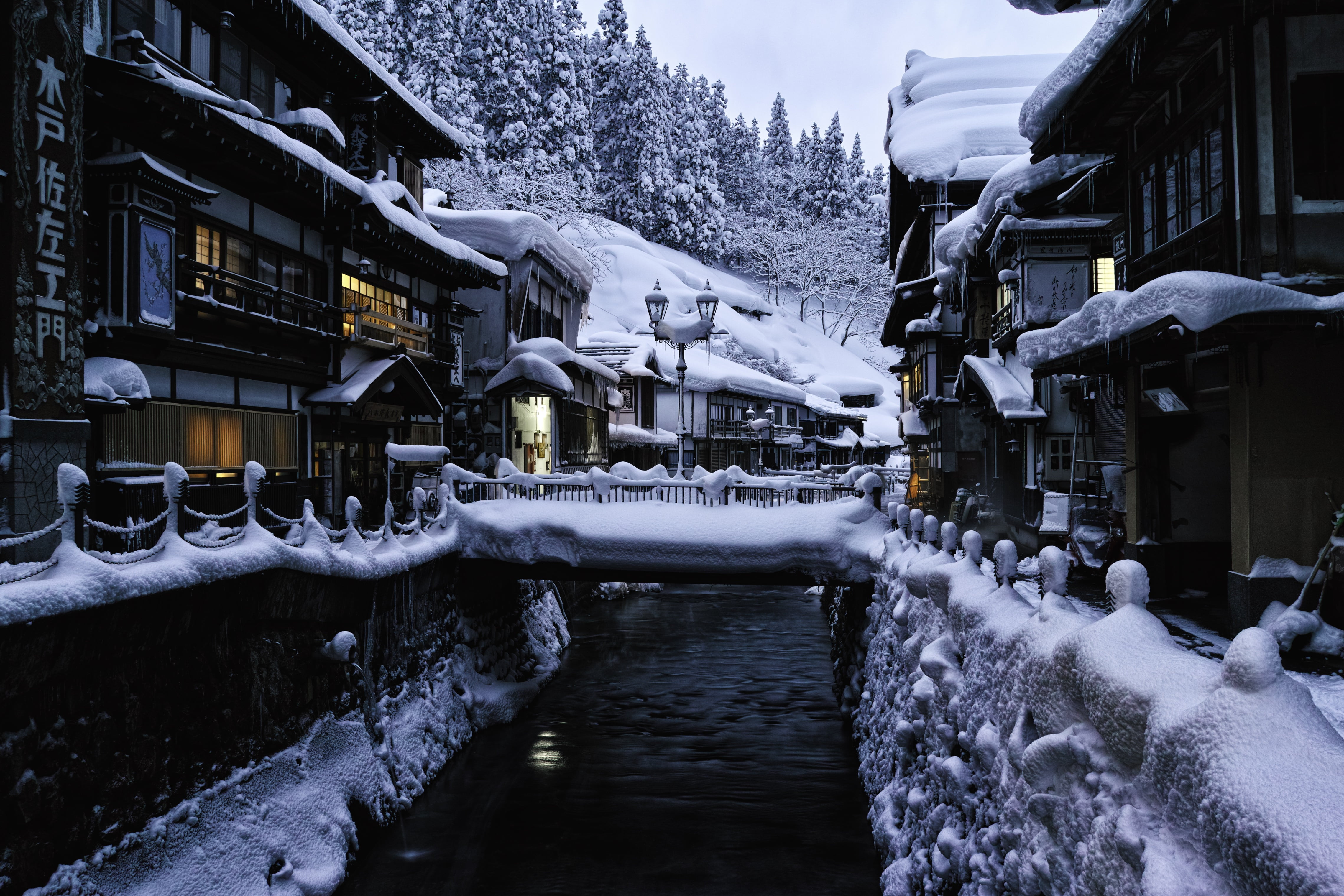 4K, source, bridges, hotels, Ginzan Hot Spring Bath, Japan, landscape, home, winter, Yamagata, snow, lights, HD Wallpaper