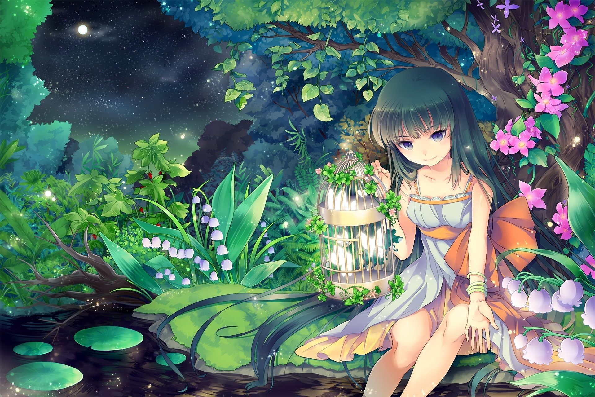 female likeness, plant part, leaf, sculpture, religion, green color, Pond, human representation, Tree, Night, Purple Eyes, fashion, plant, Flower, art and craft, HD Wallpaper