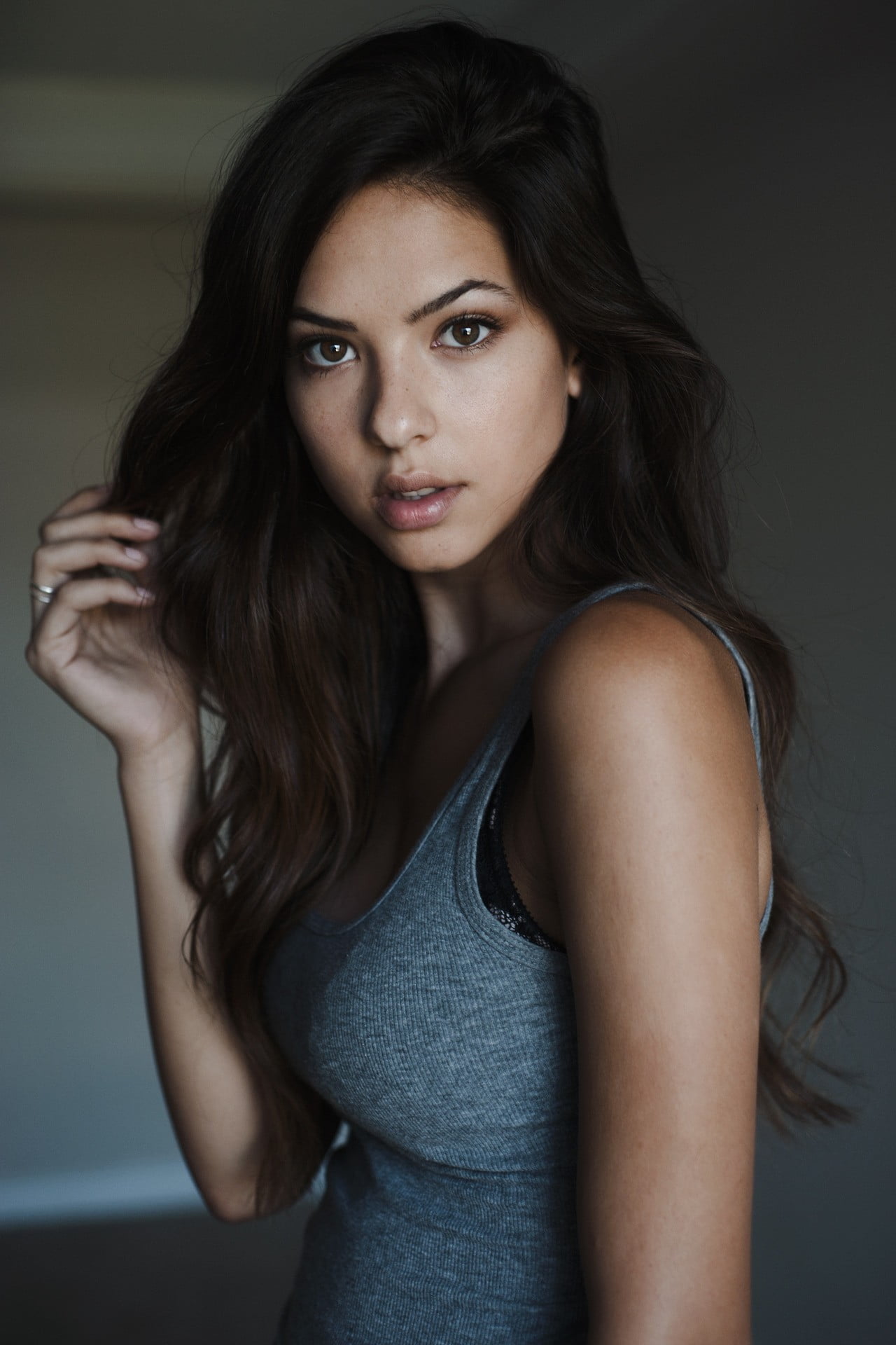 indoors, portrait, waist up, young adult, tank, close-up, adult, s, studio shot, hair, brunette, long hair, beauty, human hair, Christen Harper, top, face, Phone HD Wallpaper