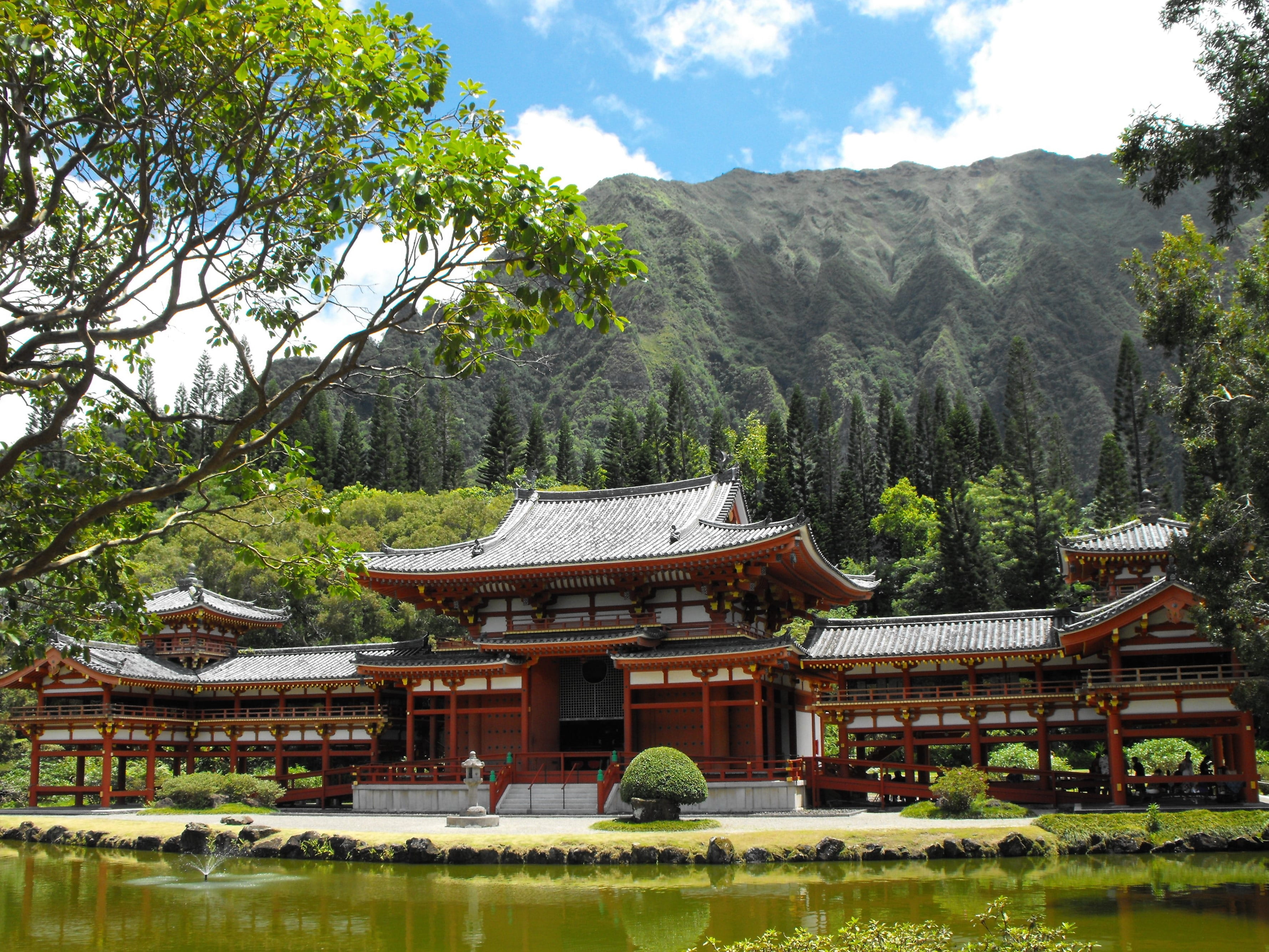 quiet, nature, building exterior, growth, tranquility, byodo-in temple, day, oahu, travel, hawaii, shrine, plant, architecture, buddhism, religion, sky, HD Wallpaper