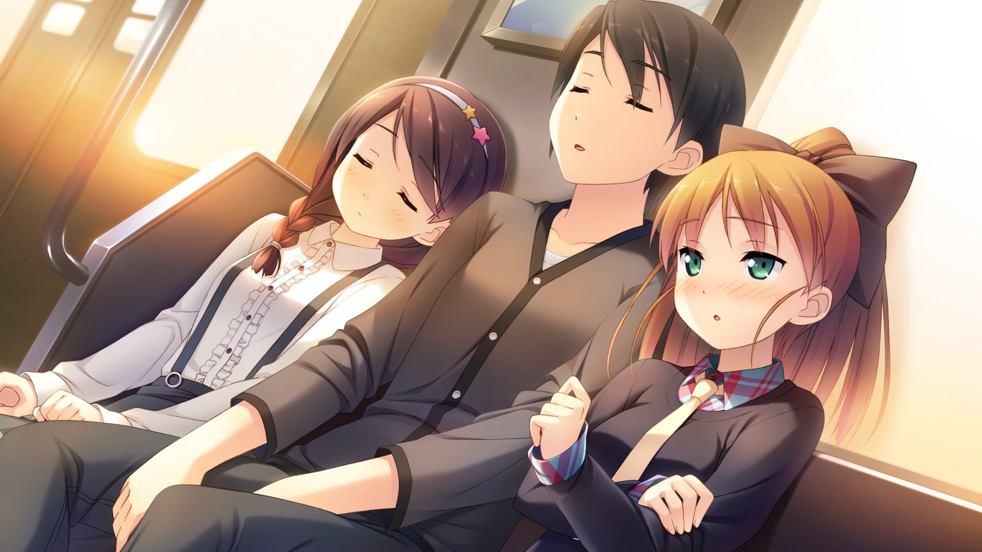 anime, seat, boy, offspring, emotion, doll, mode of transportation, business Person, toy, 1080P, representation, occupation, three, smiling, girls, sitting, HD Wallpaper