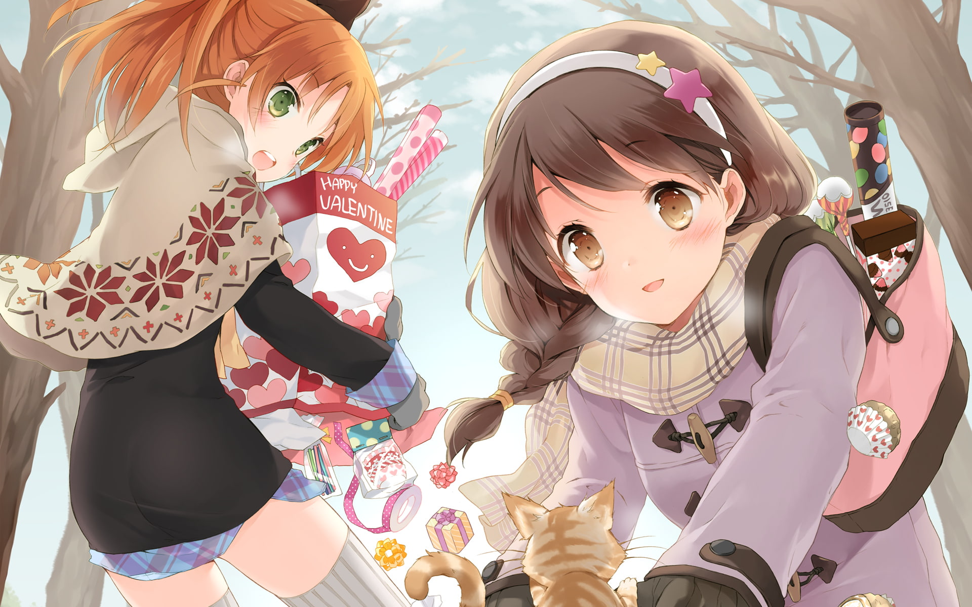 hair, diary, kanade, orange, minagawa, scarf, cuteg, valentine, 1080P, hirosaki, yuuhi, animal, brown, girls, cat, HD Wallpaper