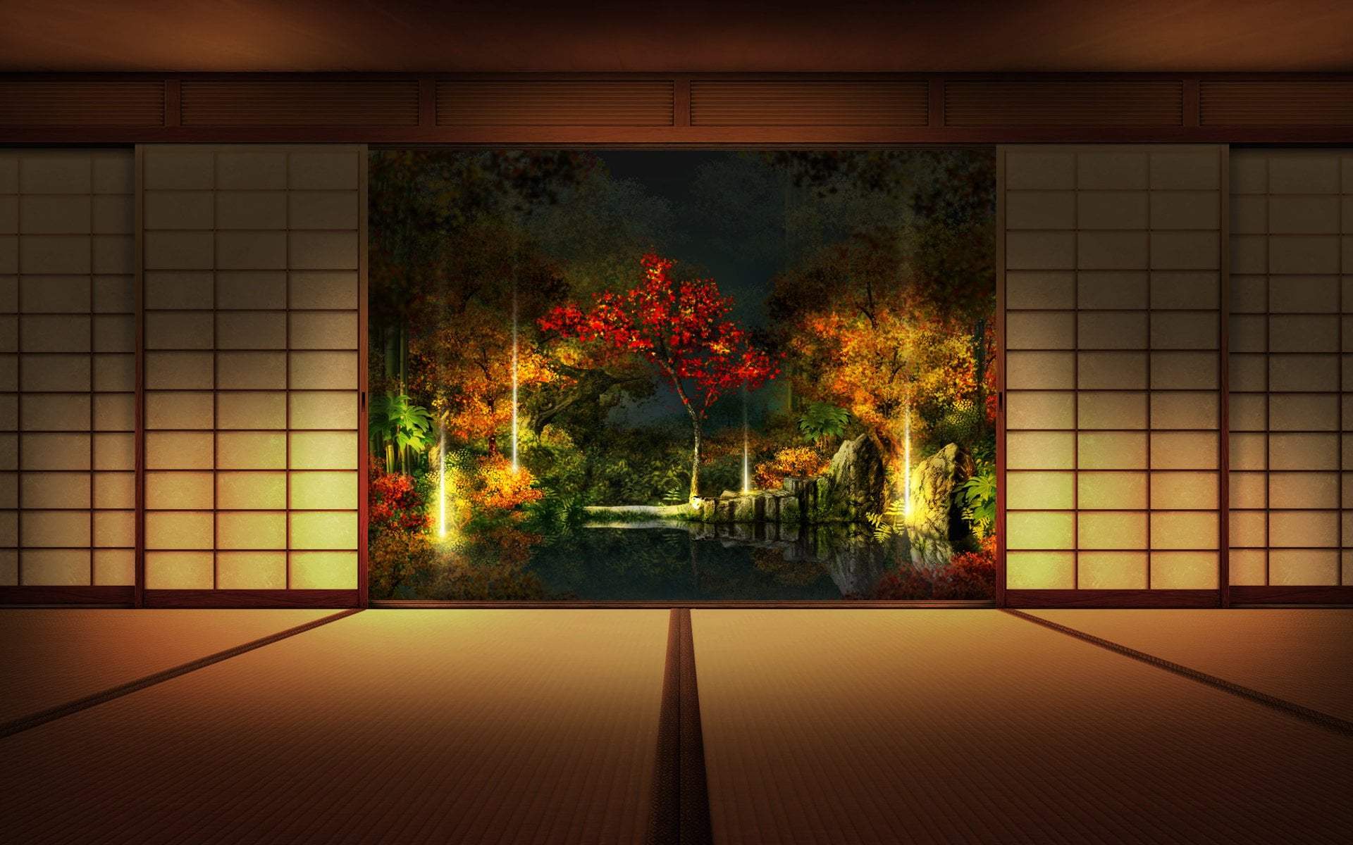 growth, indoors, Shoji, nature, window, Artistic, Interior, built structure, door, 1080P, architecture, Japanese, Tree, plant, beauty in nature, flooring, HD Wallpaper