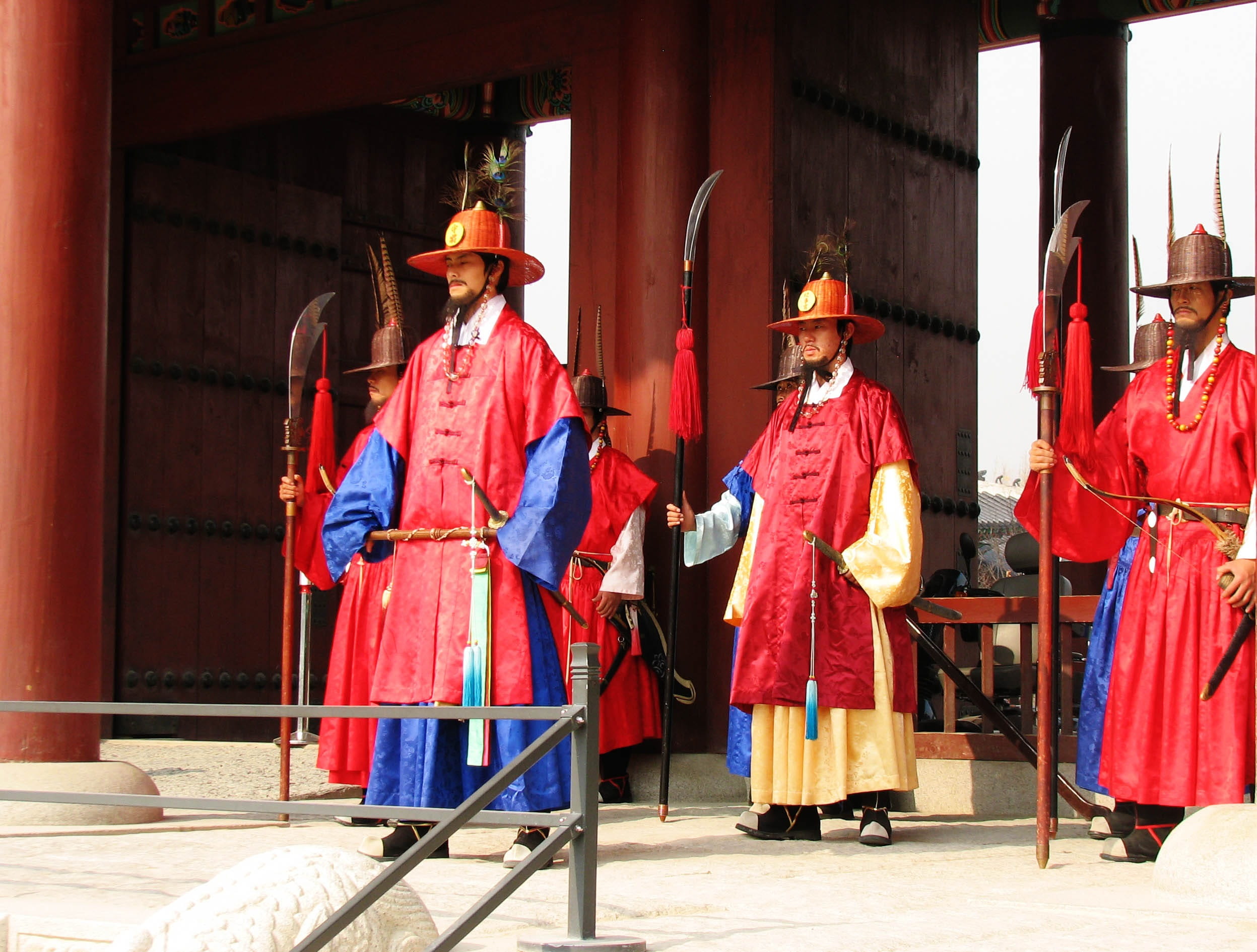 three, red, palace, day, Gyeongbokgung, real people, landmark, soldiers, people, adult, cultures, guards, sphere, architecture, city, men, tourist, South, HD Wallpaper