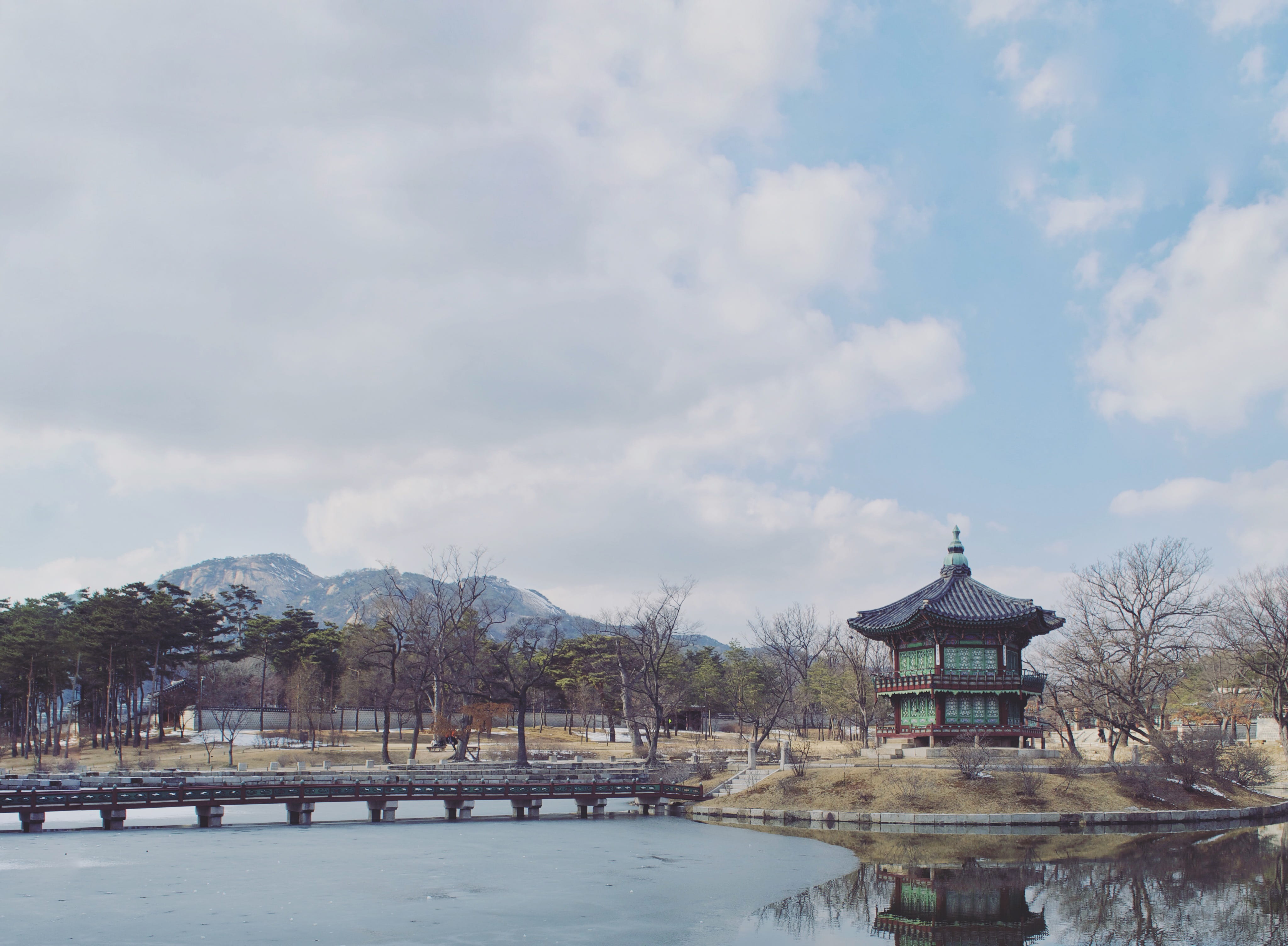 sky, nature, gazebo, water, lake, built structure, tree, plant, waterfront, cold temperature, southkorea, no people, south korea, cloud - sky, snow, winter, HD Wallpaper