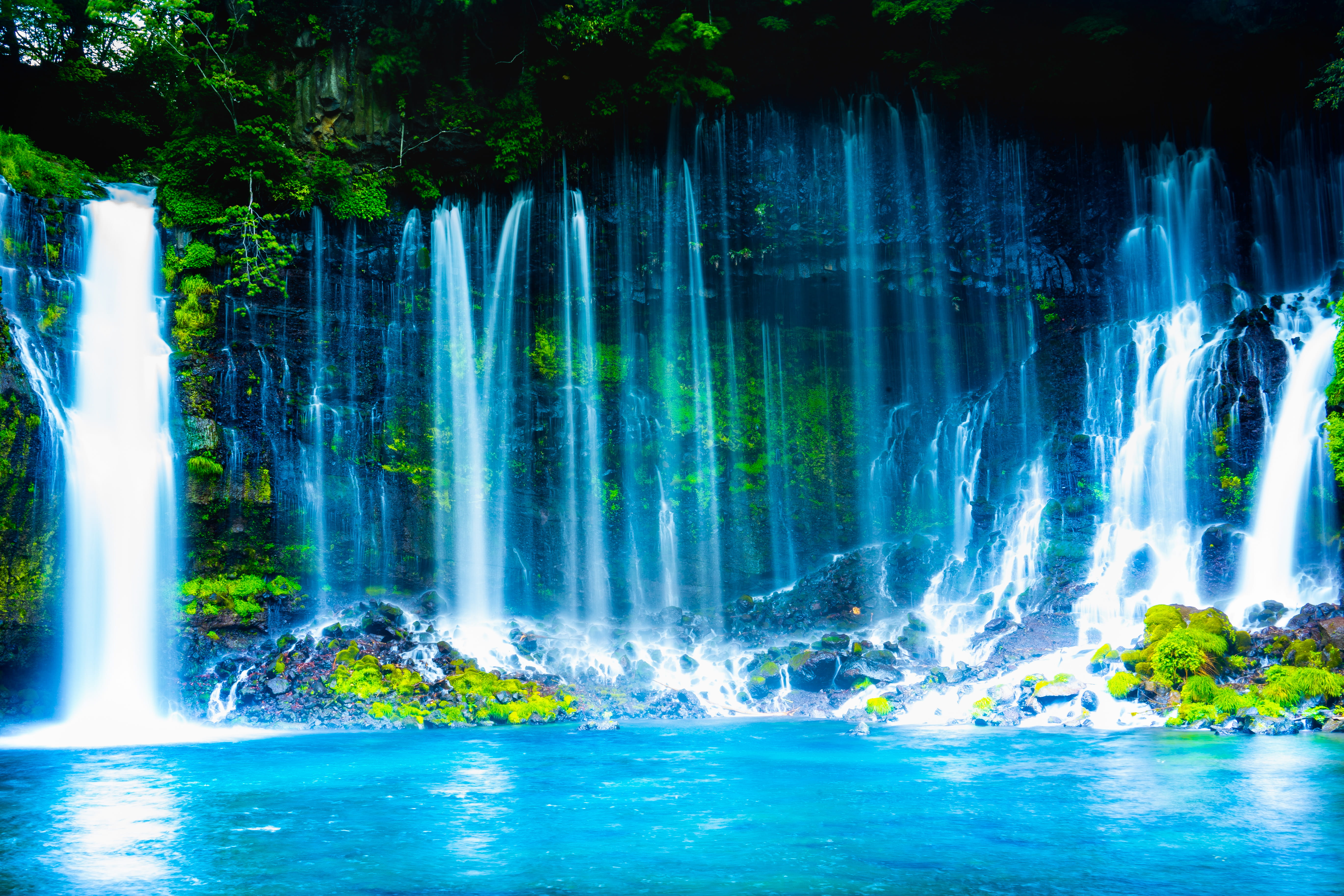 power in nature, blurred motion, travel destinations, japan, fuji, outdoors, shiraito falls, cyan, land, water, river, lake, 5K, scenics - nature, no people, HD Wallpaper
