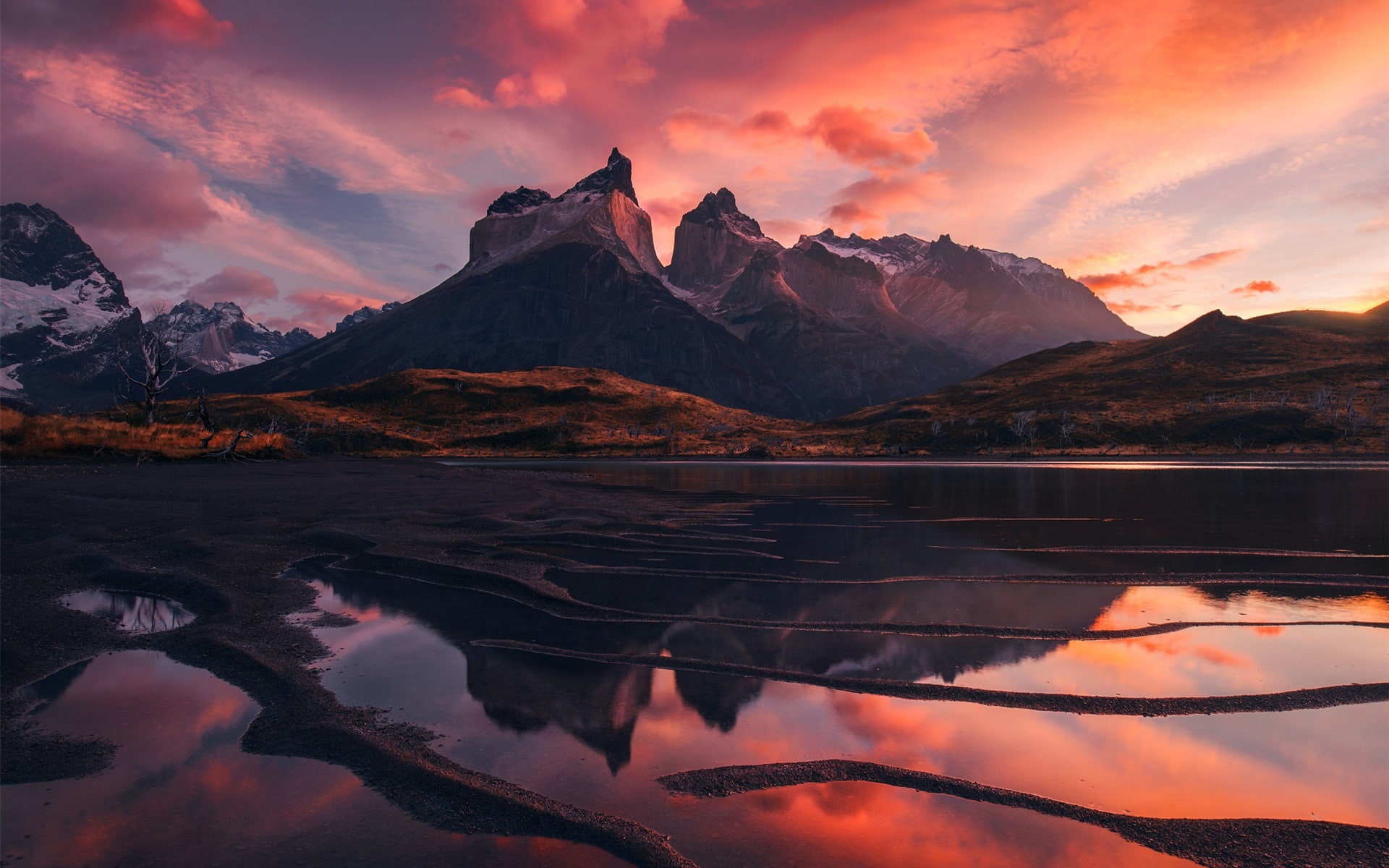 1080P, Patagonia, Landscape, Clouds, Sunset, Lake, Mountains, Sky, Red, Beautiful, HD Wallpaper