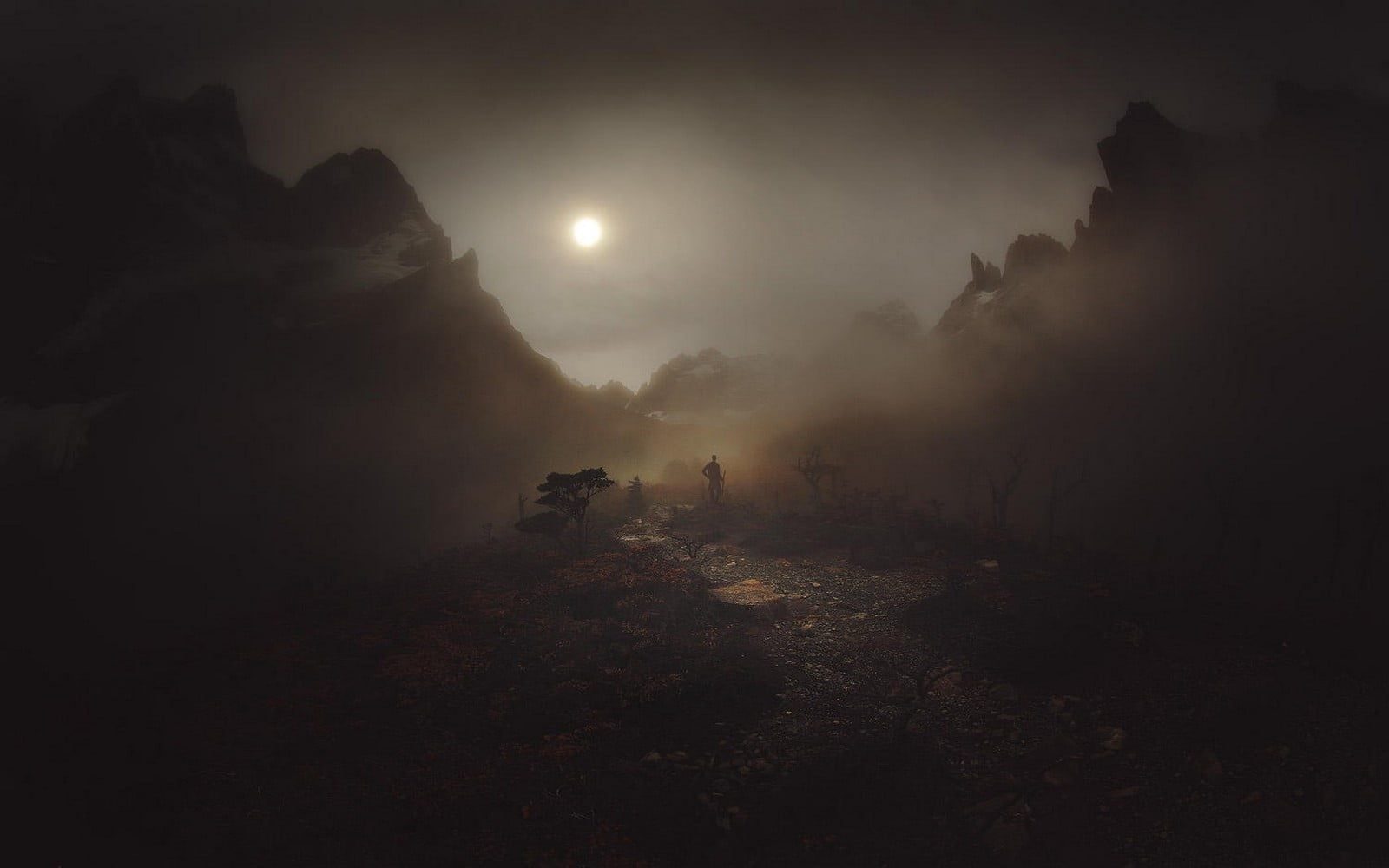 dark, Patagonia, environment, moonlight, fog, sun, 720P, photographer, tranquil scene, mountains, Chile, scenics - nature, non-urban scene, HD Wallpaper