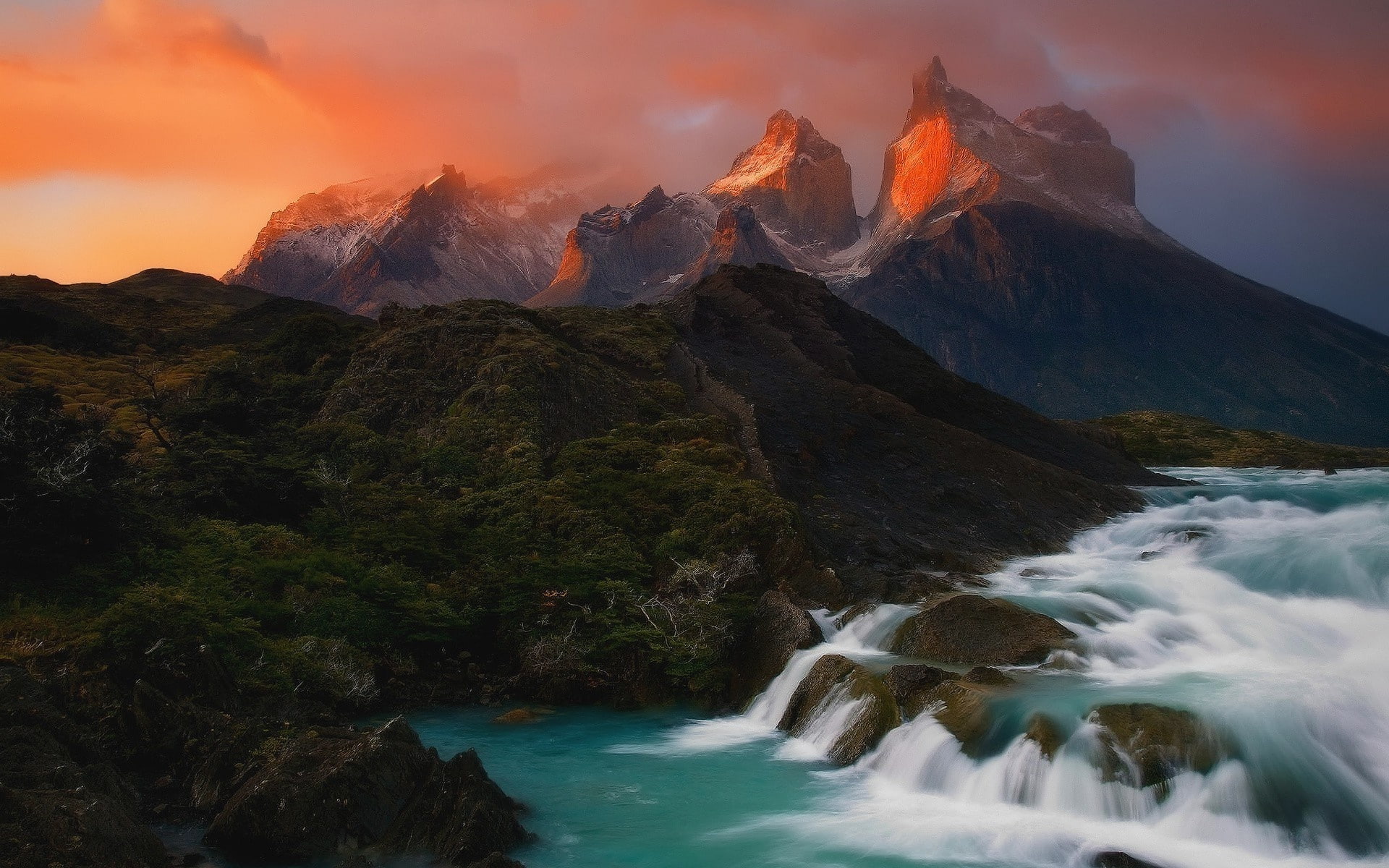 river, landscape, nature, 1080P, sunset, trees, rock, long exposure, mountains, Patagonia, Chile, snowy peak, HD Wallpaper