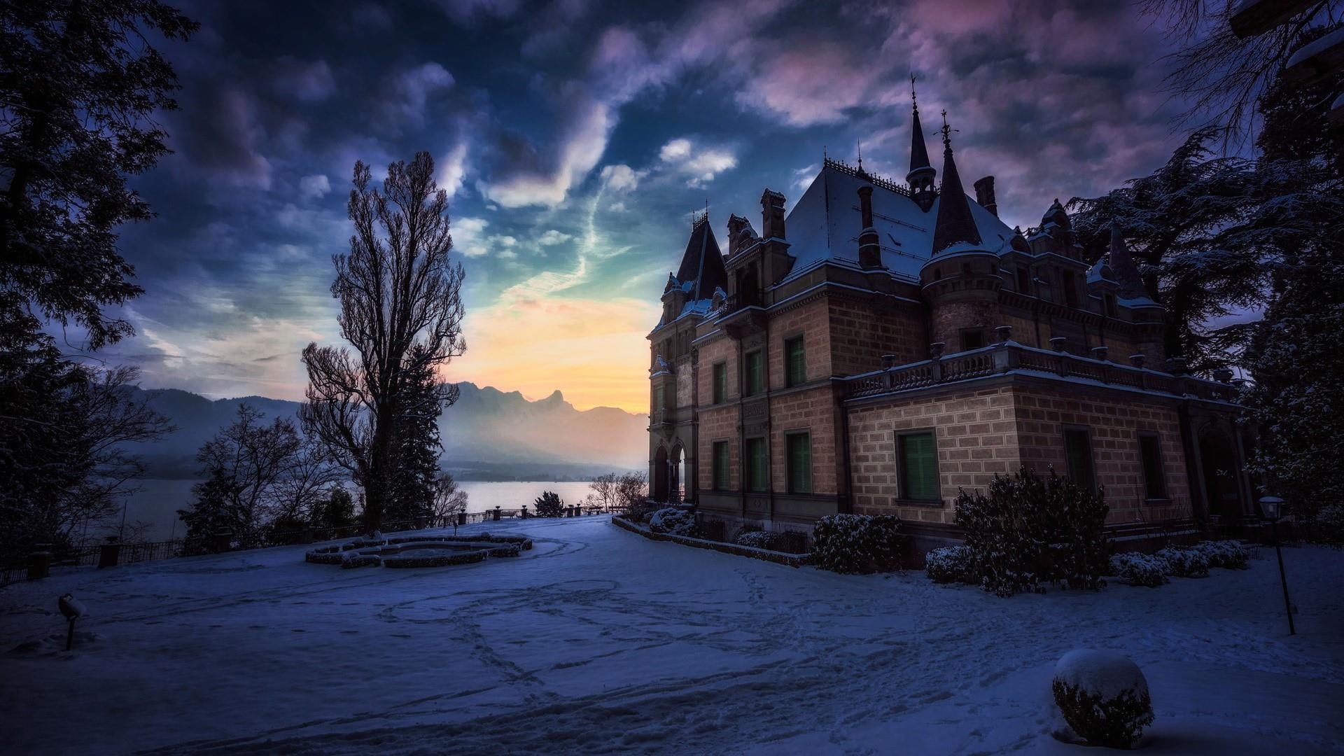 1080P, nature, sky, schloss hunegg, cloud, dusk, thunersee, castle, chateau, architecture, hilterfingen, switzerland, winter, building, bern, tree, evening, HD Wallpaper