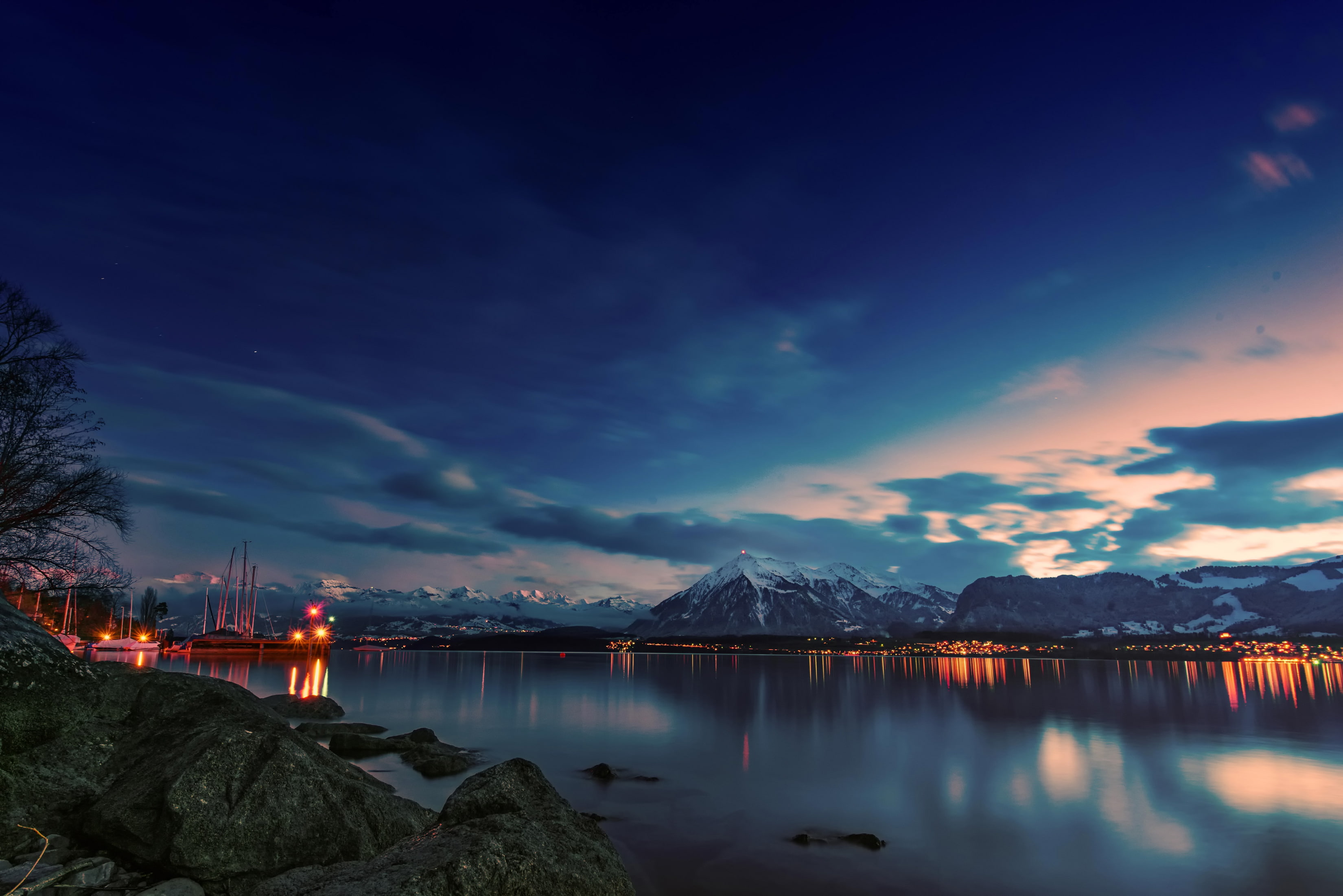 lake, 2K, stones, canton, evening, spiez, nature, photo, moss, mountains, berne, switzerland, HD Wallpaper