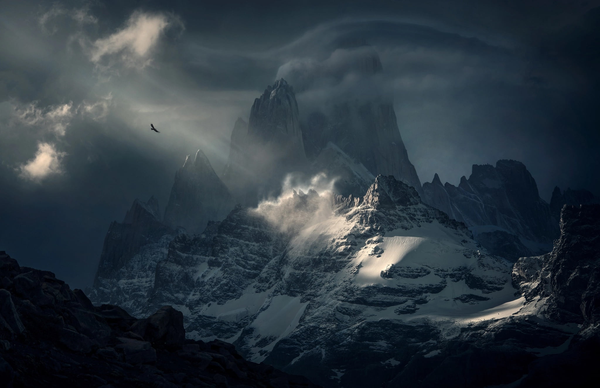mountains, Patagonia, 1080P, bird, clouds, Fitzroy, Condor, South America, the sky, HD Wallpaper
