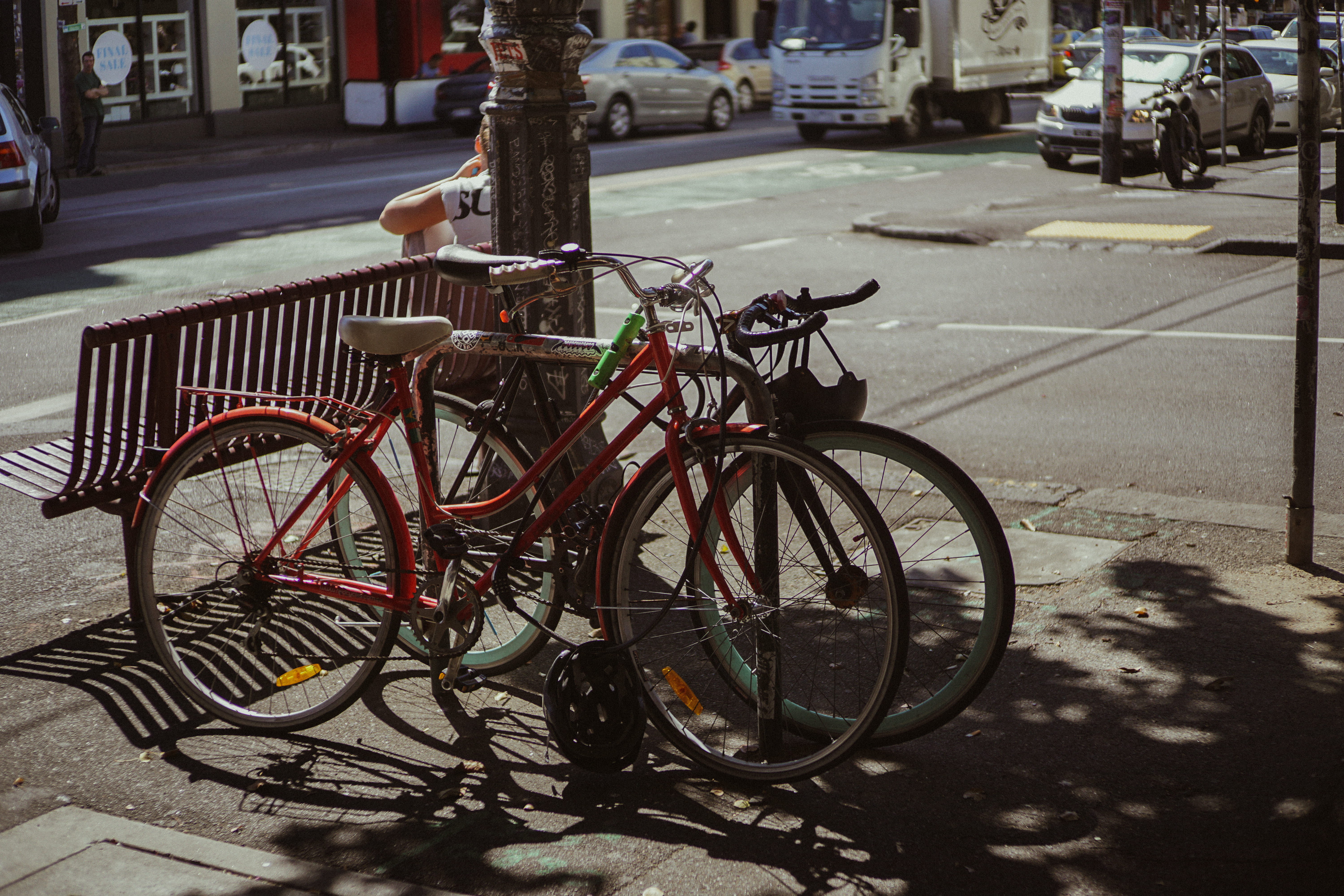 sunny, vacation, pole, fitzroy, mode of transportation, sun, day, orange, backpacker, retro, transportation, velo, outdoors, bike, bicycle, melbourne, road, HD Wallpaper