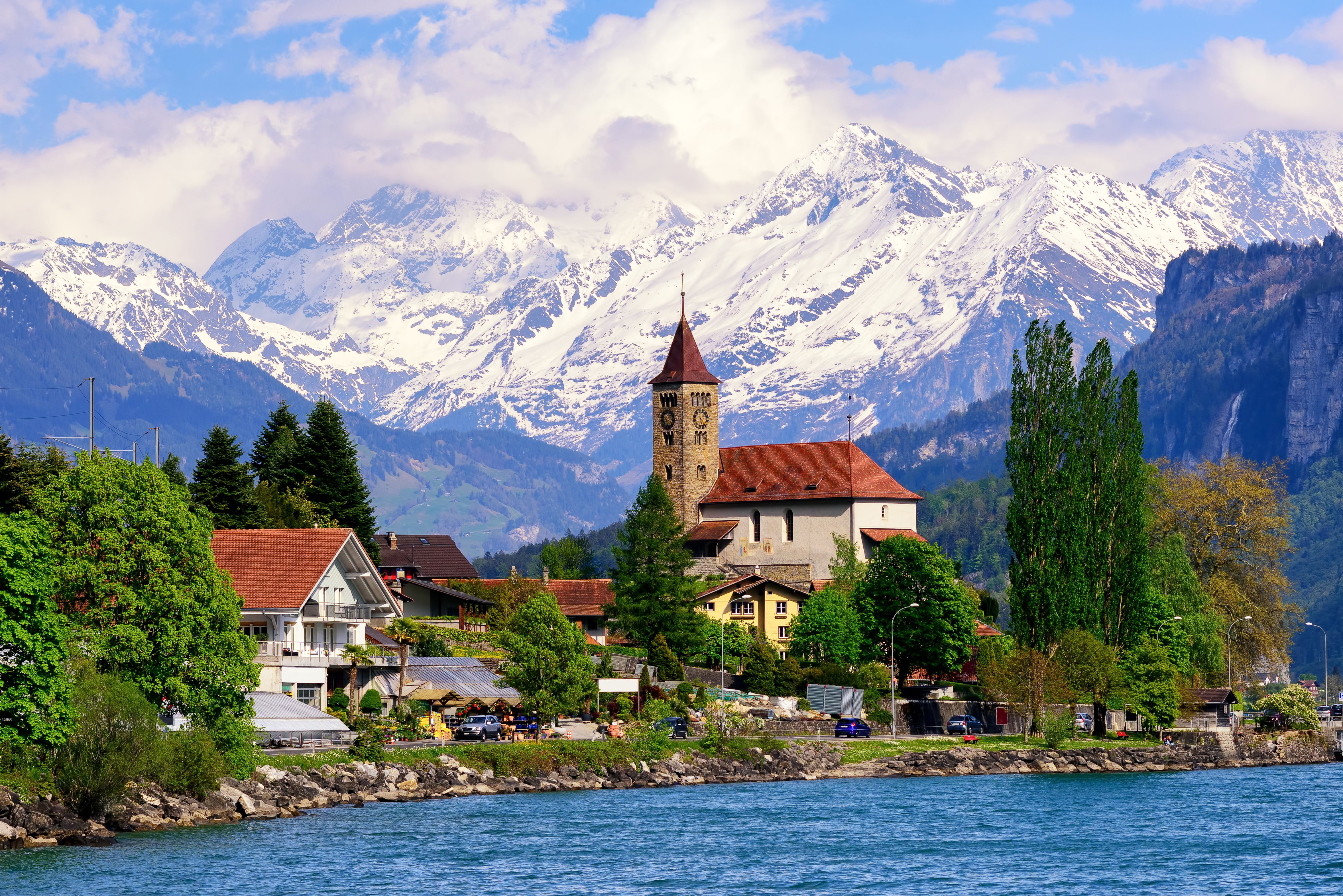 tree, shore, Switzerland, Sunny, forest, lake, Brienz, concrete, scenics - nature, snowcapped mountain, place of worship, trees, rocks, mountains, architecture, HD Wallpaper