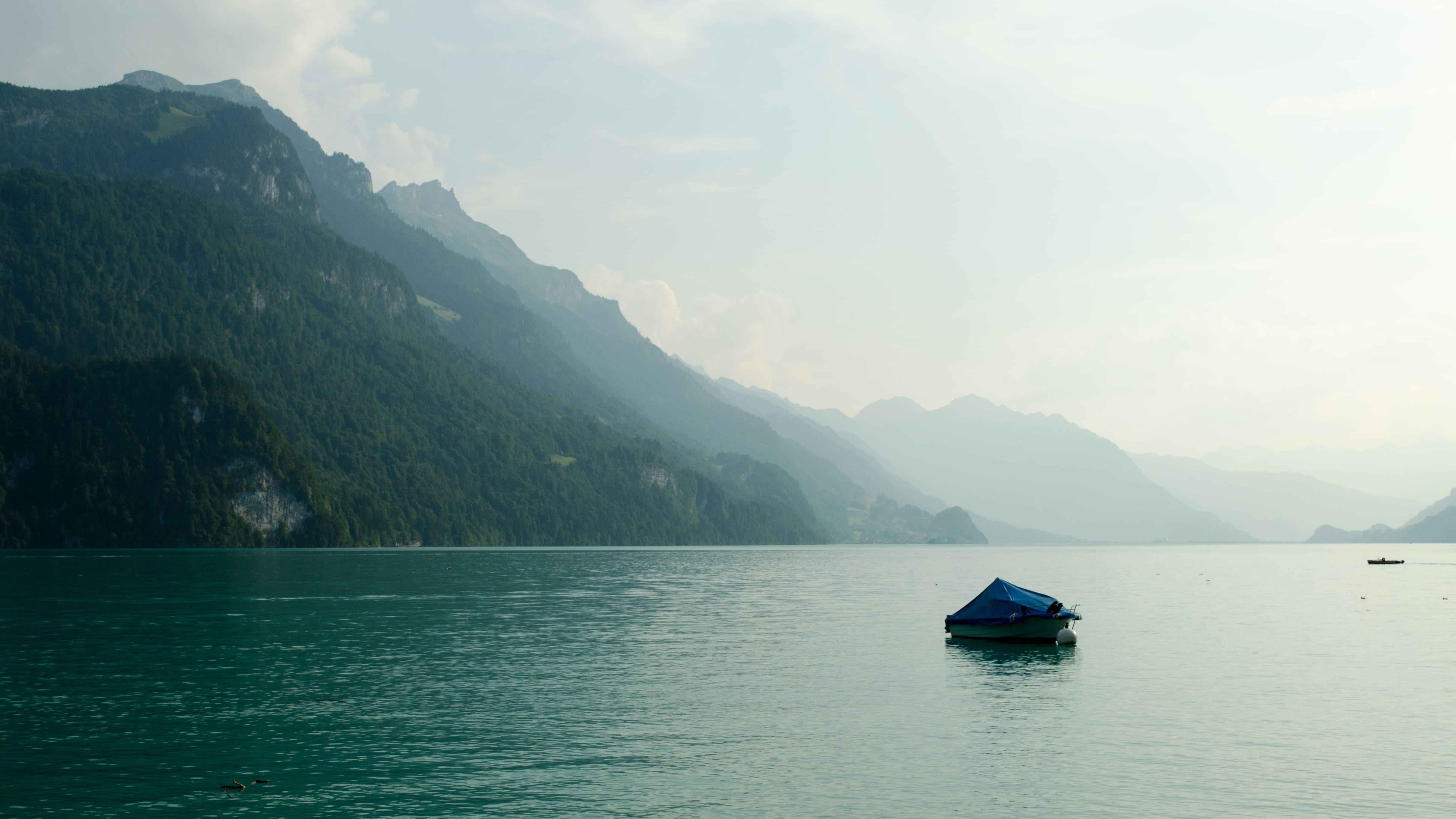 lake, brienz, mode of transportation, 4K, idyllic, sky, boat, cloud - sky, non-urban scene, water, day, switzerland, no people, transportation, mountain range, HD Wallpaper
