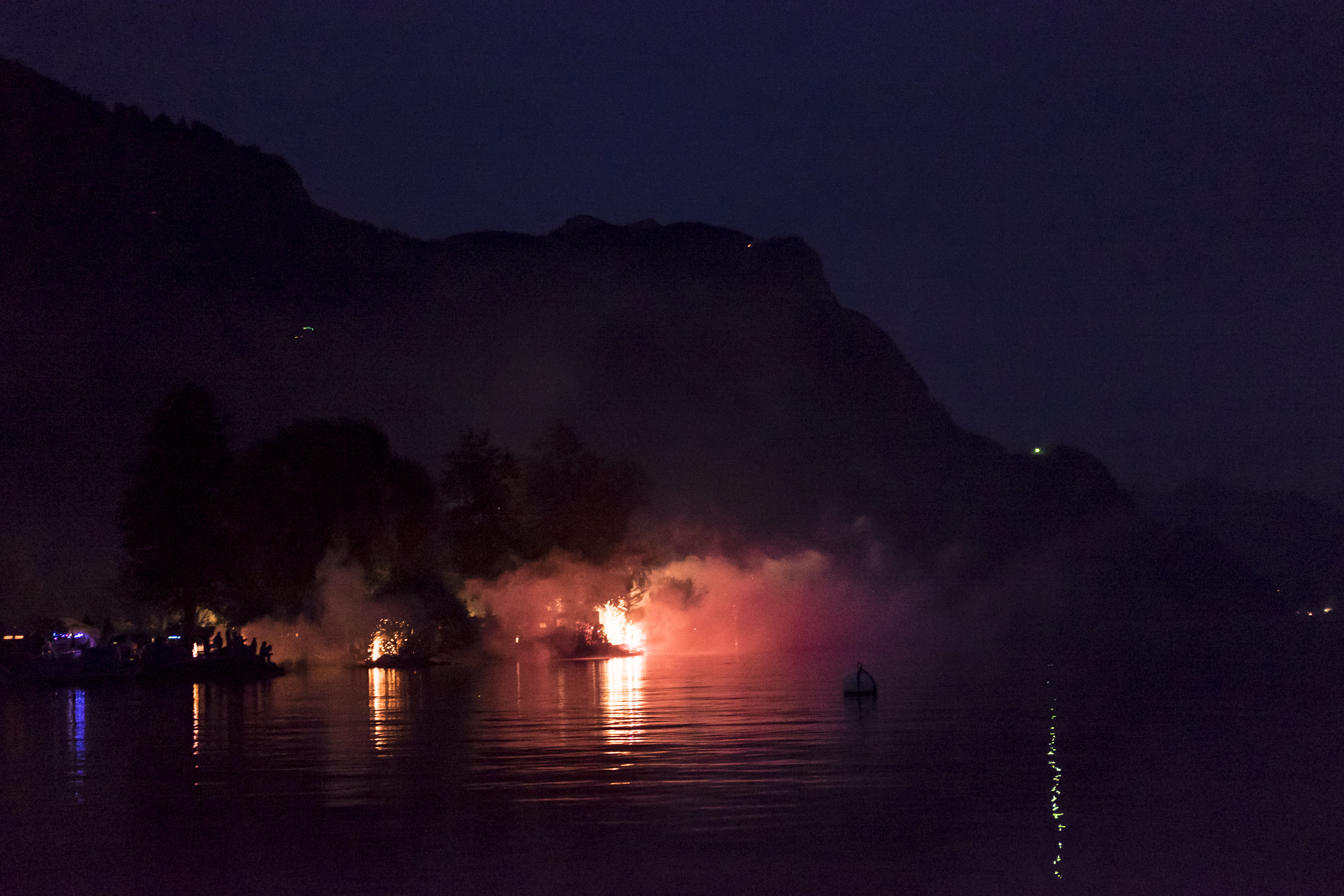 no people, air pollution, illuminated, 1august, smoke - physical structure, switzerland, swiss, 4K, water, silhouette, environment, lake, fire, nationaltag, HD Wallpaper