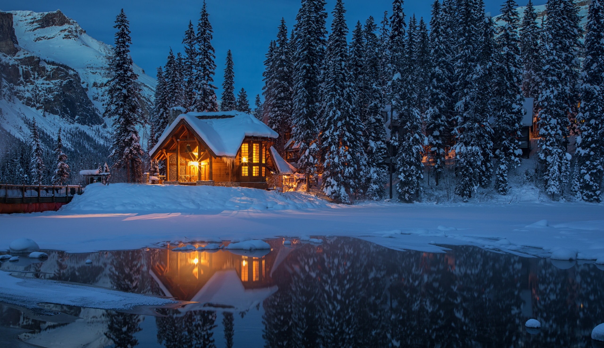spruce, 2K, yoho, houses, lake, snow, with, canada, national, parks, evening, HD Wallpaper