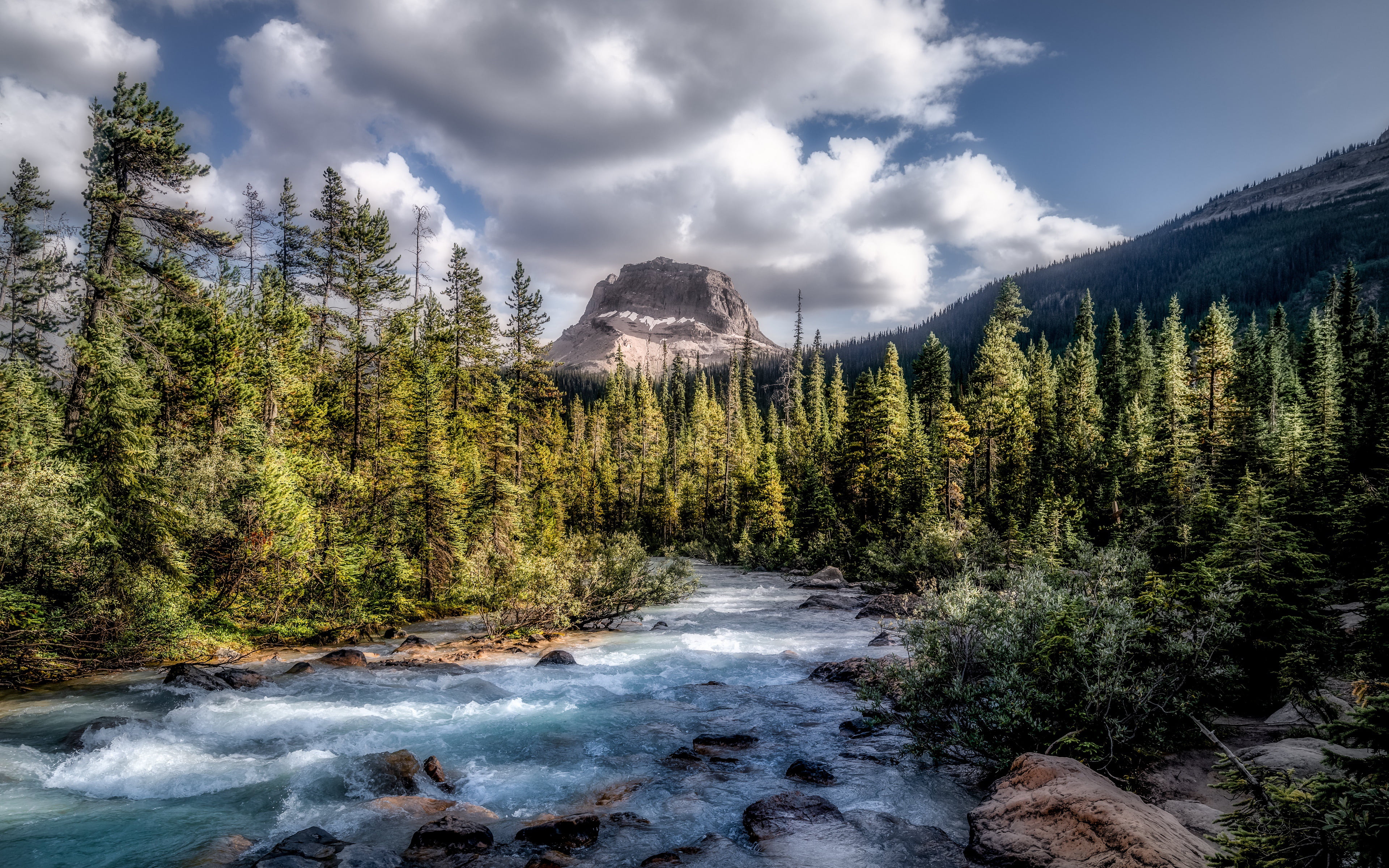 4K, stream, rocks, "National Park", trees, "British Columbia", river, " Yoho National Park", water, clouds, sky, sunlight, nature, mountains, landscapes, HD Wallpaper