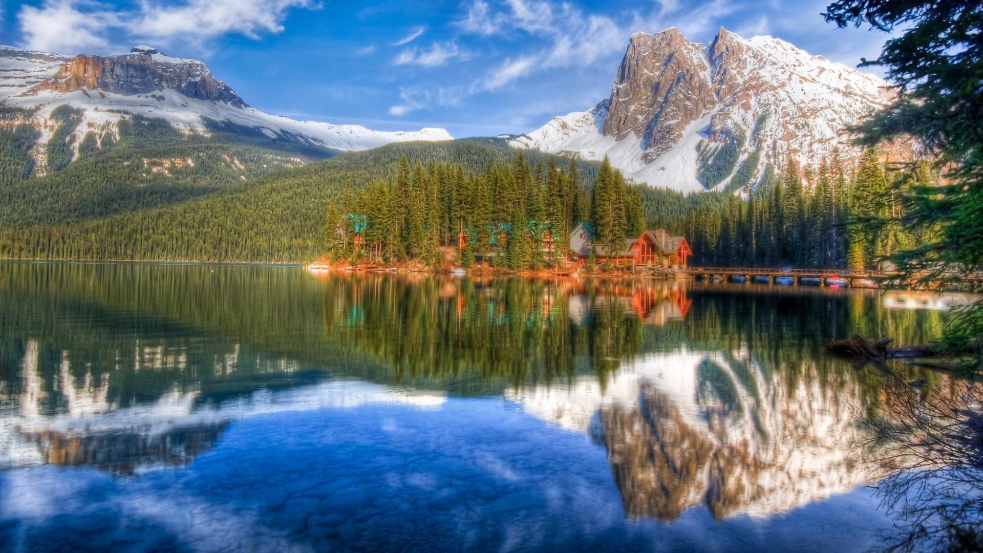 canada, scenics - nature, mountain, lodge, cloud - sky, sky, 1080P, reflected, beauty in nature, reflection lake, nature, reflection, forest, day, waterfront, HD Wallpaper