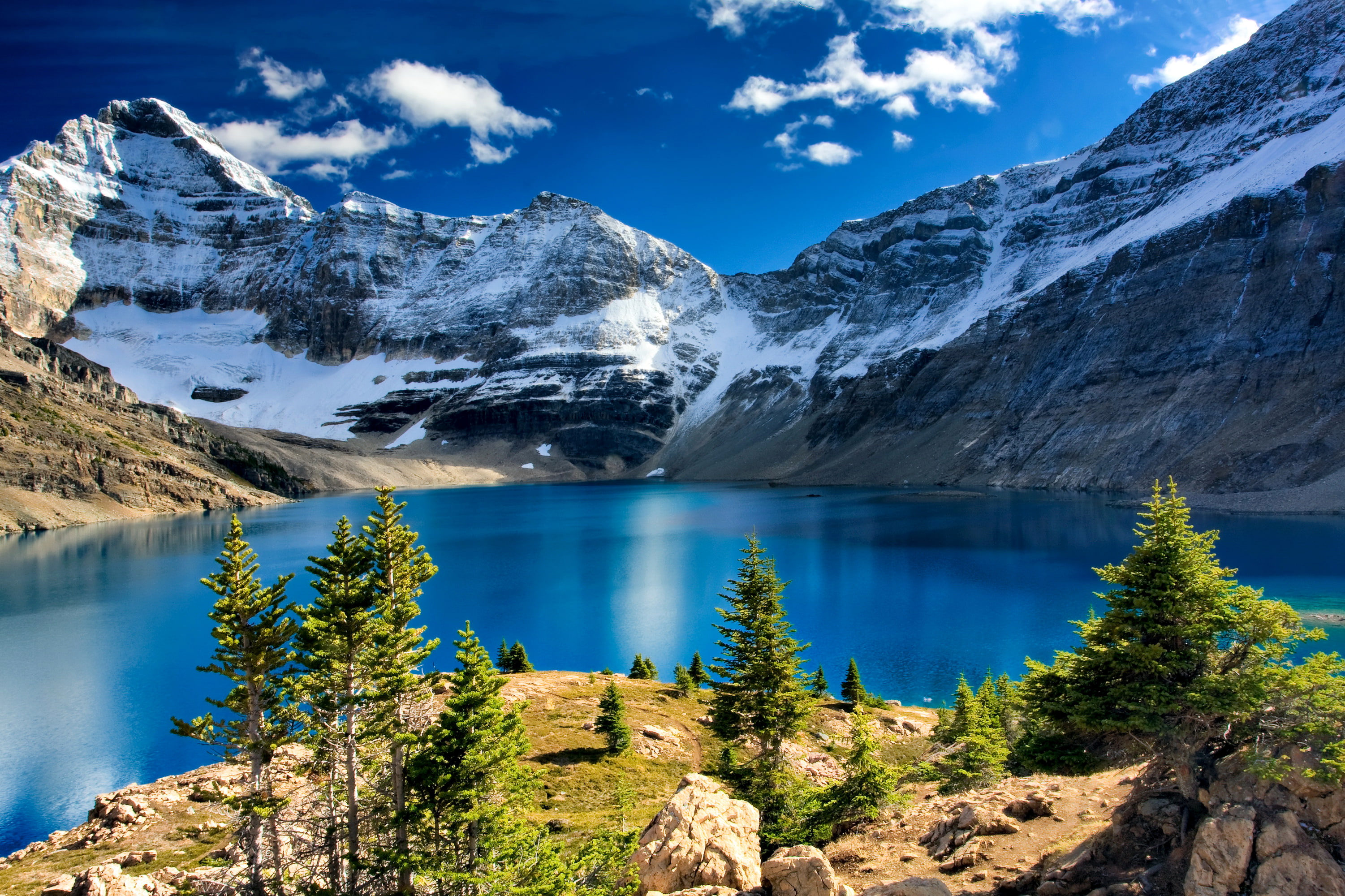 Yoho National Park, rocks, clouds, Canada, blue, lake, the sky, stones, trees, glacier, mountains, the sun, 2K, HD Wallpaper