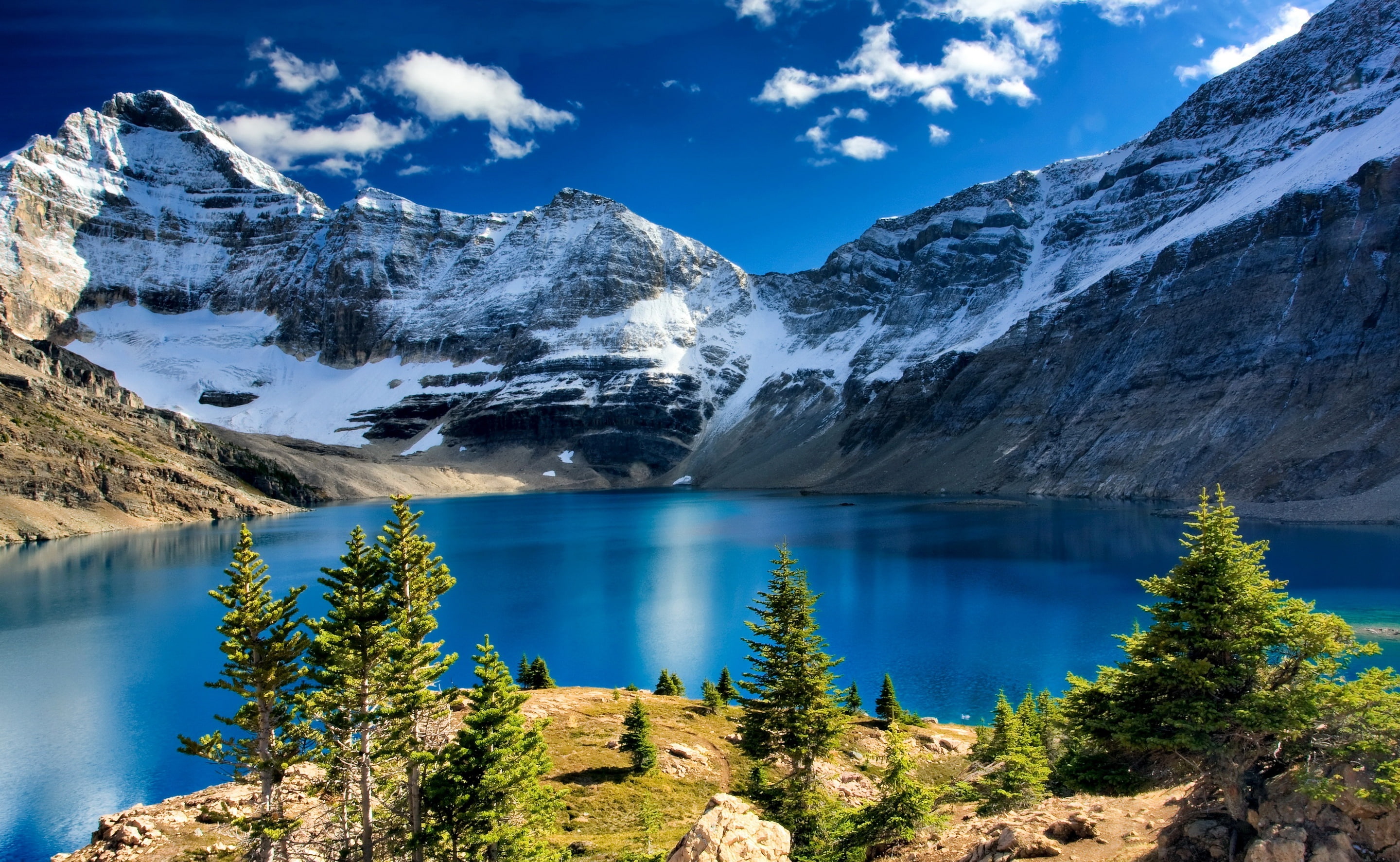British Columbia, scenics - nature, tranquility, water, park, winter, gray, tree, cold temperature, lake, ohara, mountain range, non-urban scene, british, HD Wallpaper