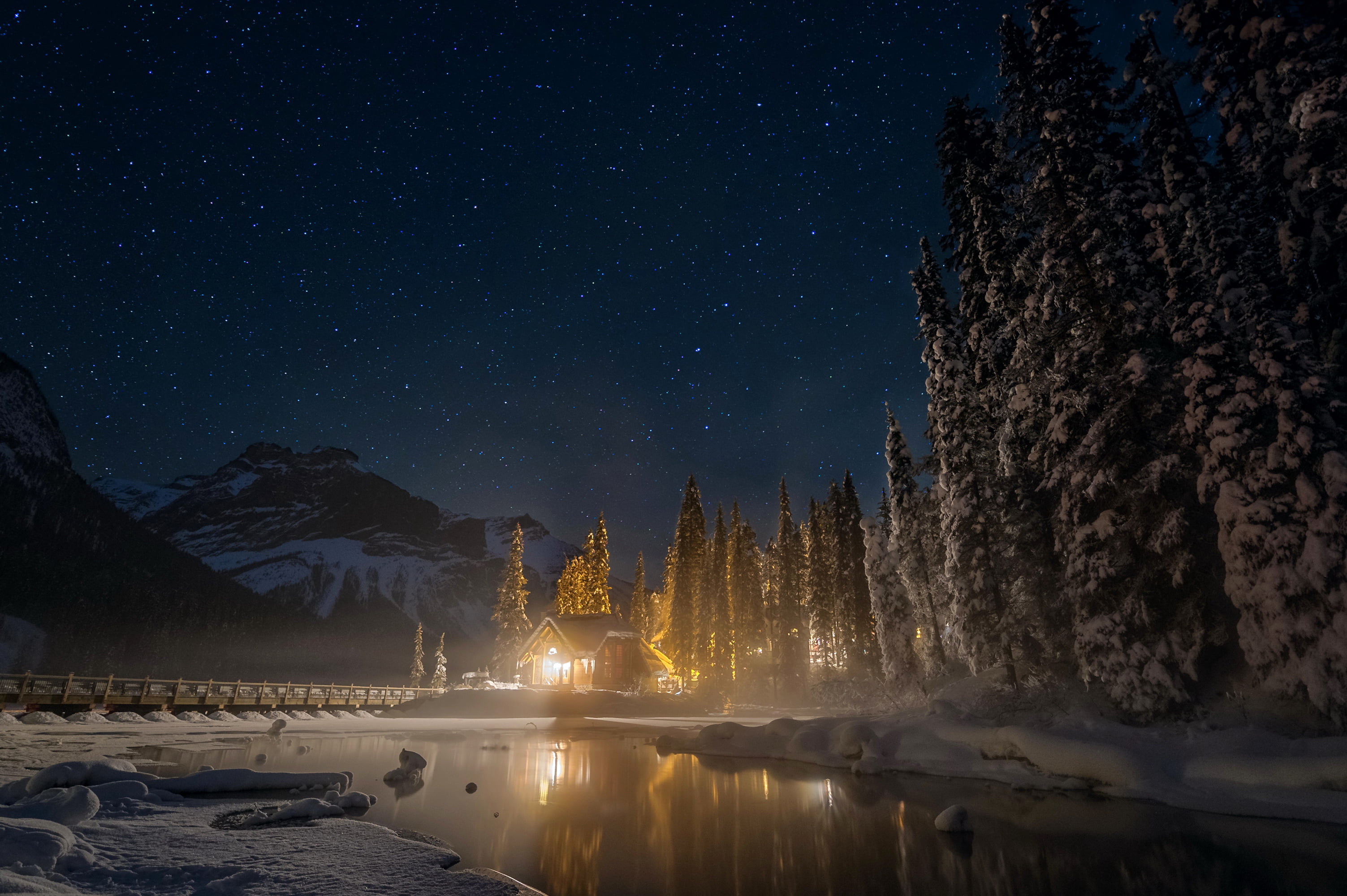 house, no people, lake, forest, snowcapped mountain, 2K, tranquility, night, snow, winter, illuminated, tranquil scene, nature, star - space, pine, Emerald Lake, HD Wallpaper