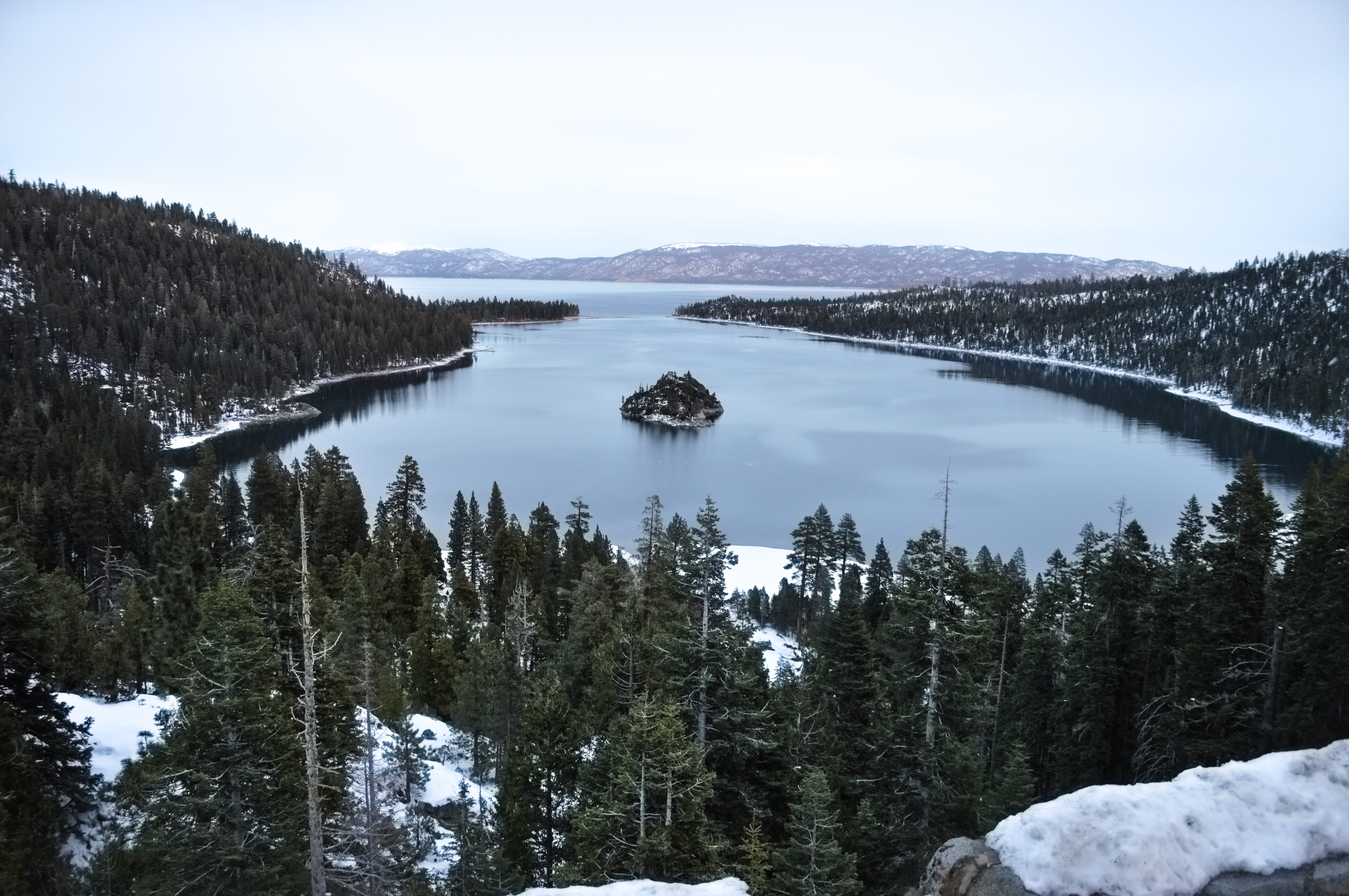 sky, snowcapped mountain, tree, 5K, winter, beauty in nature, snow, tranquil scene, lake, forest, hiking, day, emeraldbay, emerald bay, cold temperature, HD Wallpaper