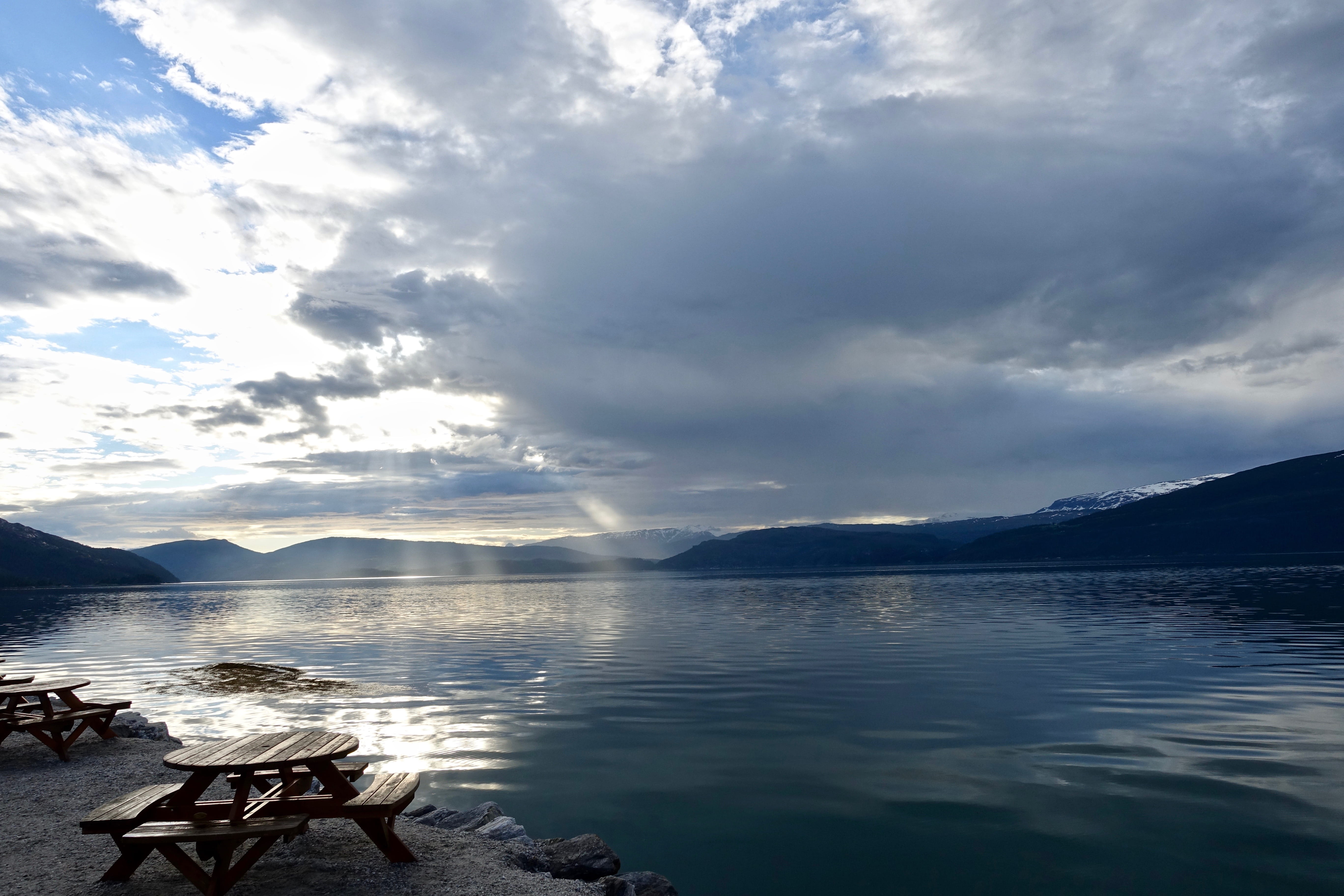 rays, sea, waterfront, norway, cloud - sky, fjord, mountain, day, idyllic, scenics - nature, tranquility, water, outdoors, tranquil scene, yttervik camping- boat rental, HD Wallpaper