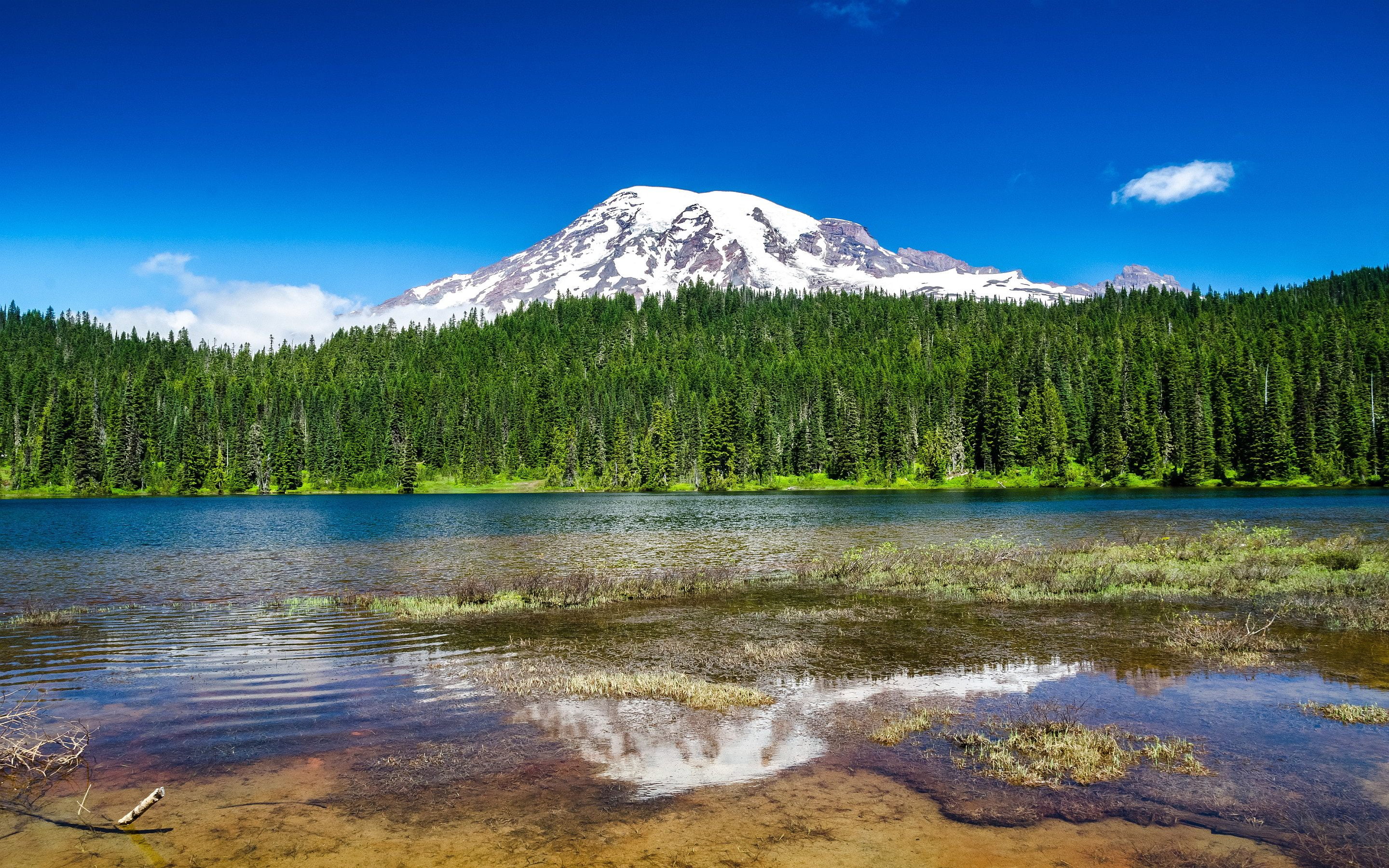 non-urban scene, plant, scenics - nature, tree, cloud - sky, snowcapped mountain, lake, tranquil scene, idyllic, 2K, no people, coniferous tree, HD Wallpaper