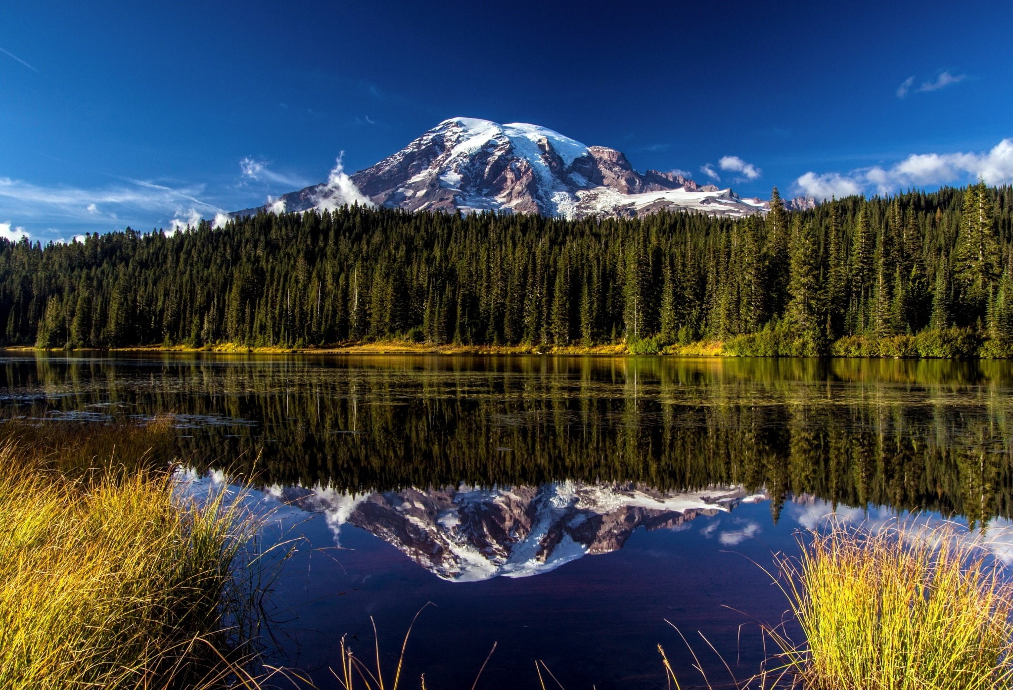 mount, 1080P, park, rainier, lake, reflection, mountain, landscape, national, volcano, forest, HD Wallpaper
