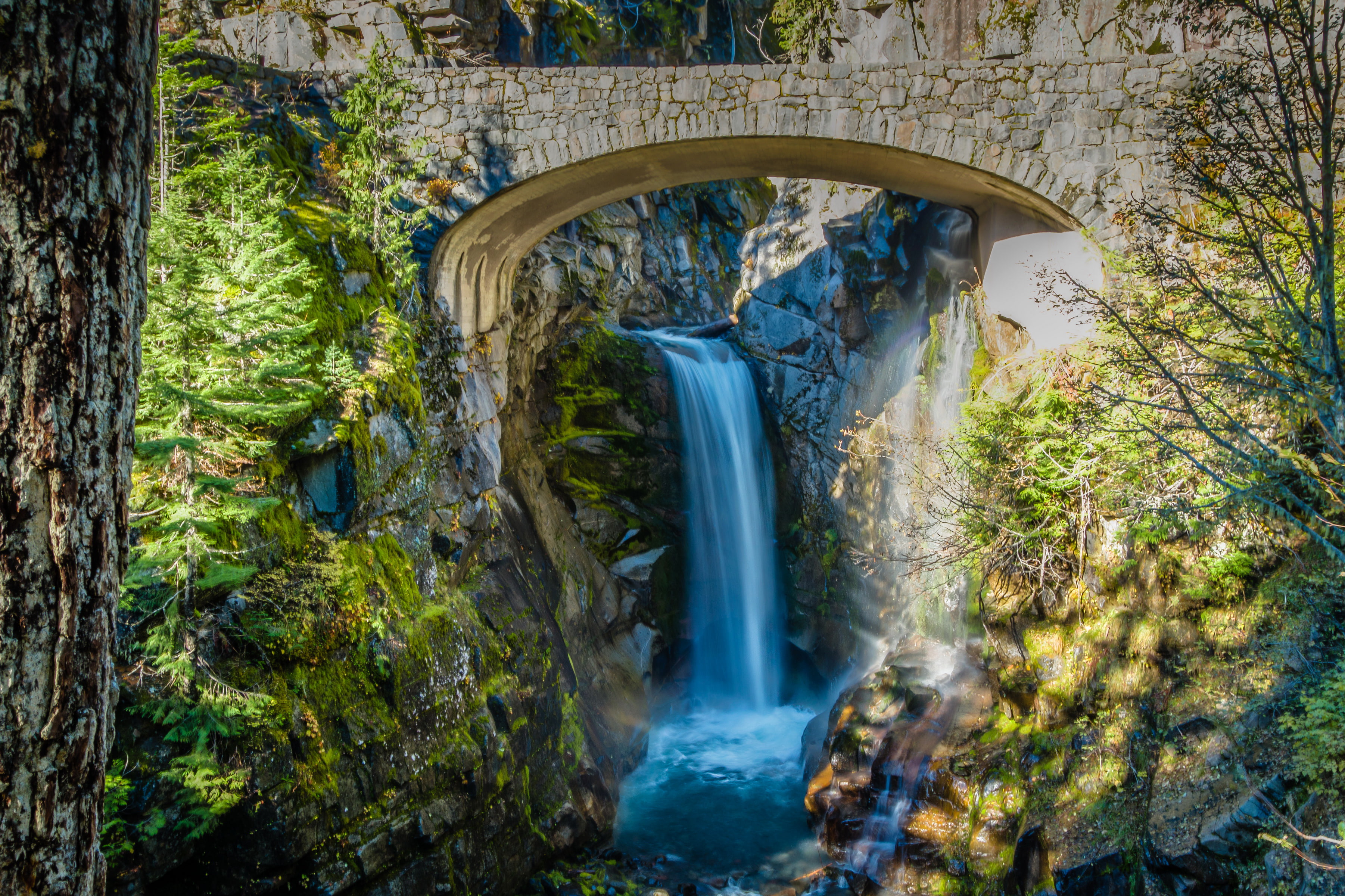 bridge, stones, trees, Mount Rainier National Park, Washington, the bushes, 2K, stream, waterfall, Christine Falls, USA, HD Wallpaper