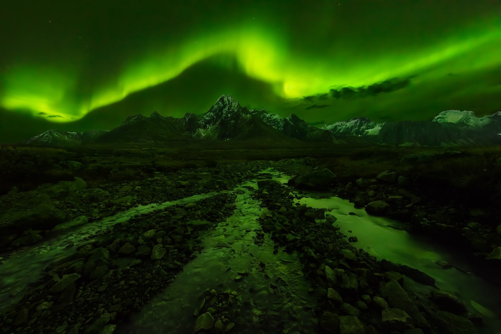 green, environment, mountain, cloud - sky, star - space, starry night, snowy peak, Yukon, snowcapped mountain, night, tranquil scene, photography, Canada, HD Wallpaper