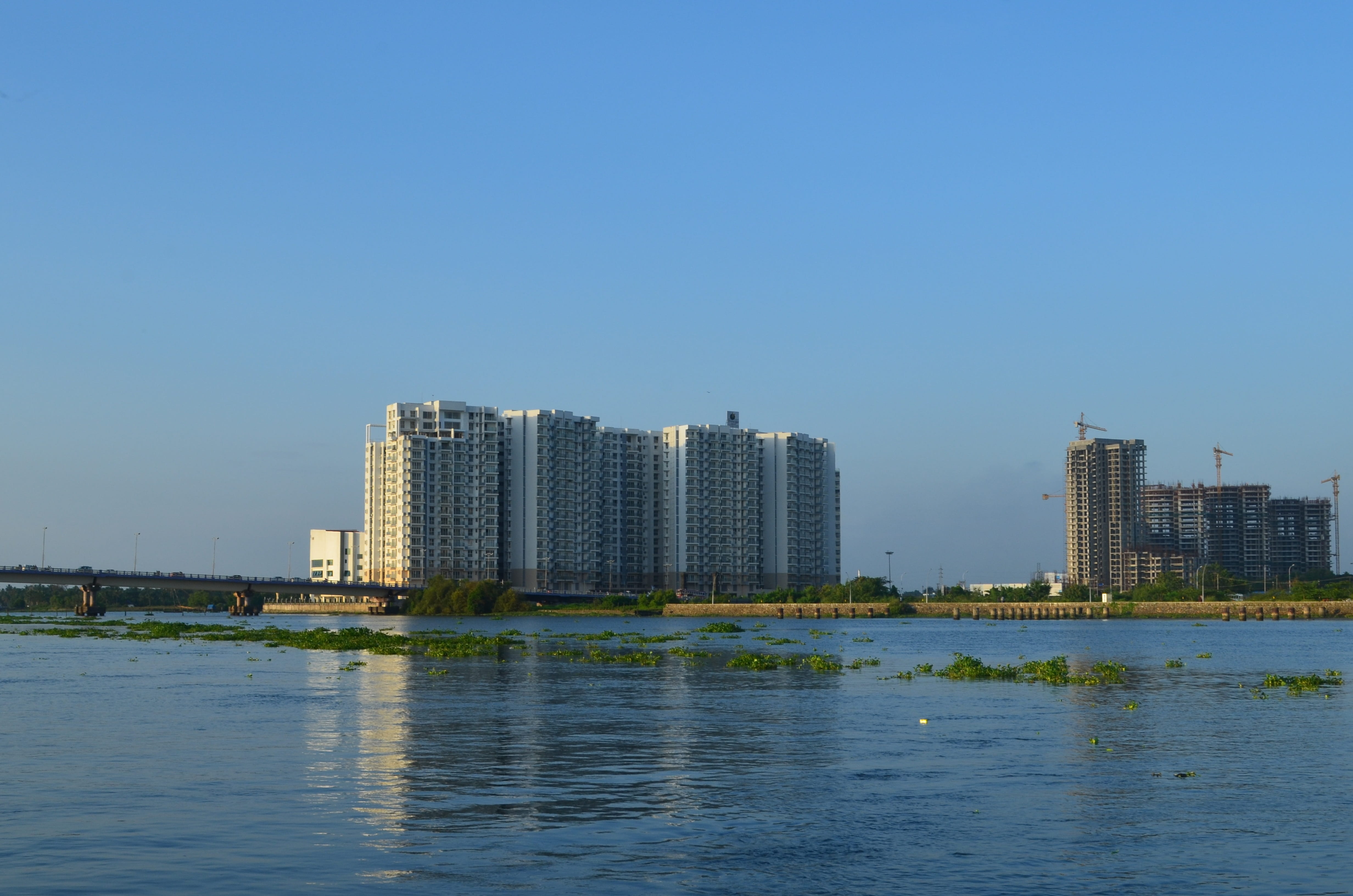 building, apartment, backwaters, sky, kochi, no people, Kochi, Backwaters, clear sky, india, India, water, nature, outdoors, waterfront, building exterior, HD Wallpaper