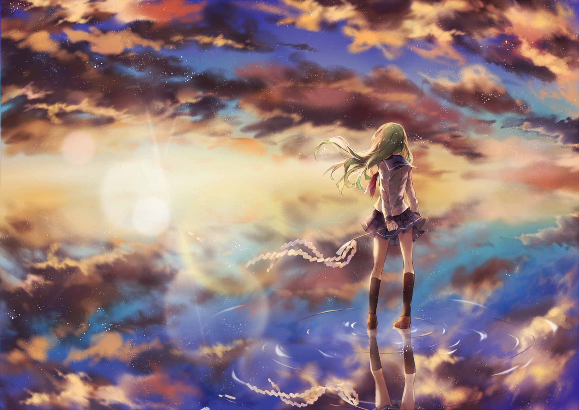 clouds, schoolgirl, girl, water, art, sunset, the sky, anime, touhou, kaneki an, form, kochi have done the art, reflection, 1080P, kane, HD Wallpaper