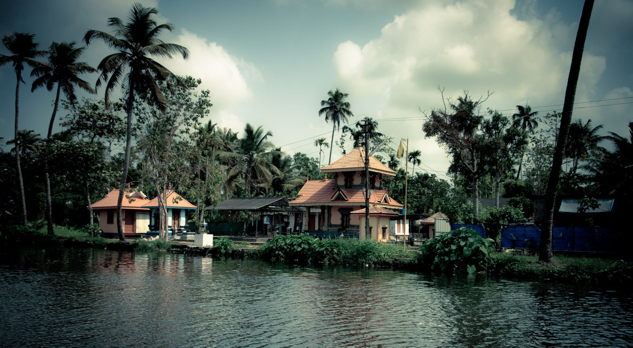 Water, coconut palm tree, residential district, house, India, no people, sky, tropical climate, Nature, idyllic, building, tree, backwaters, waterfront, HD Wallpaper