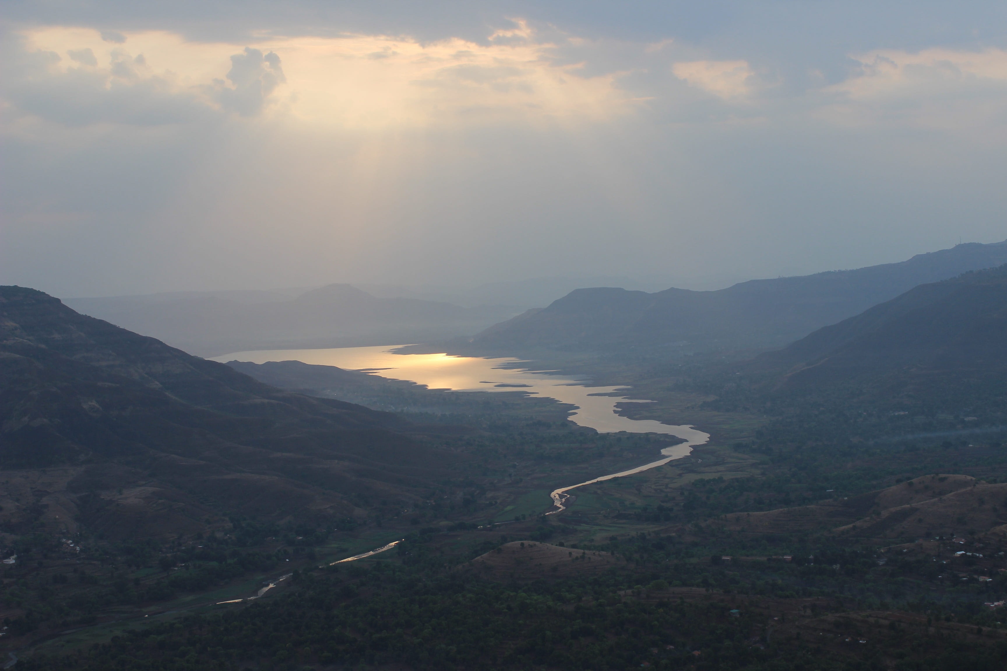 sunlight, tranquility, sky, non-urban scene, landscape, Dam, day, mountain, dam backwater, sun, Mahabaleshwar, beauty in nature, cloud - sky, nature, mountain range, HD Wallpaper