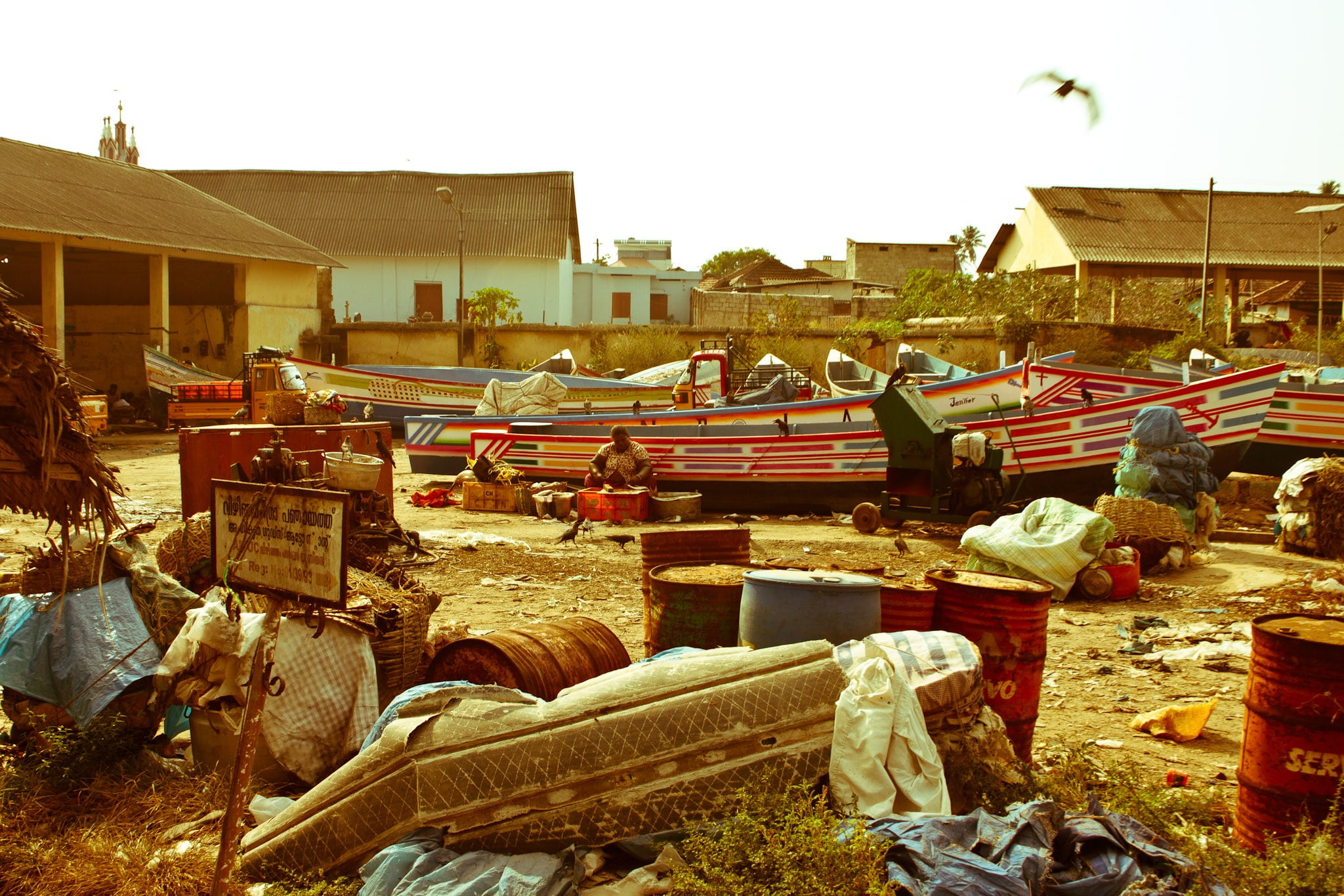 boot, city, roof, kerala, animal, architecture, clear sky, day, building, no people, fishing, 1080P, wood - material, fishing boat, backwaters, fishing net, HD Wallpaper
