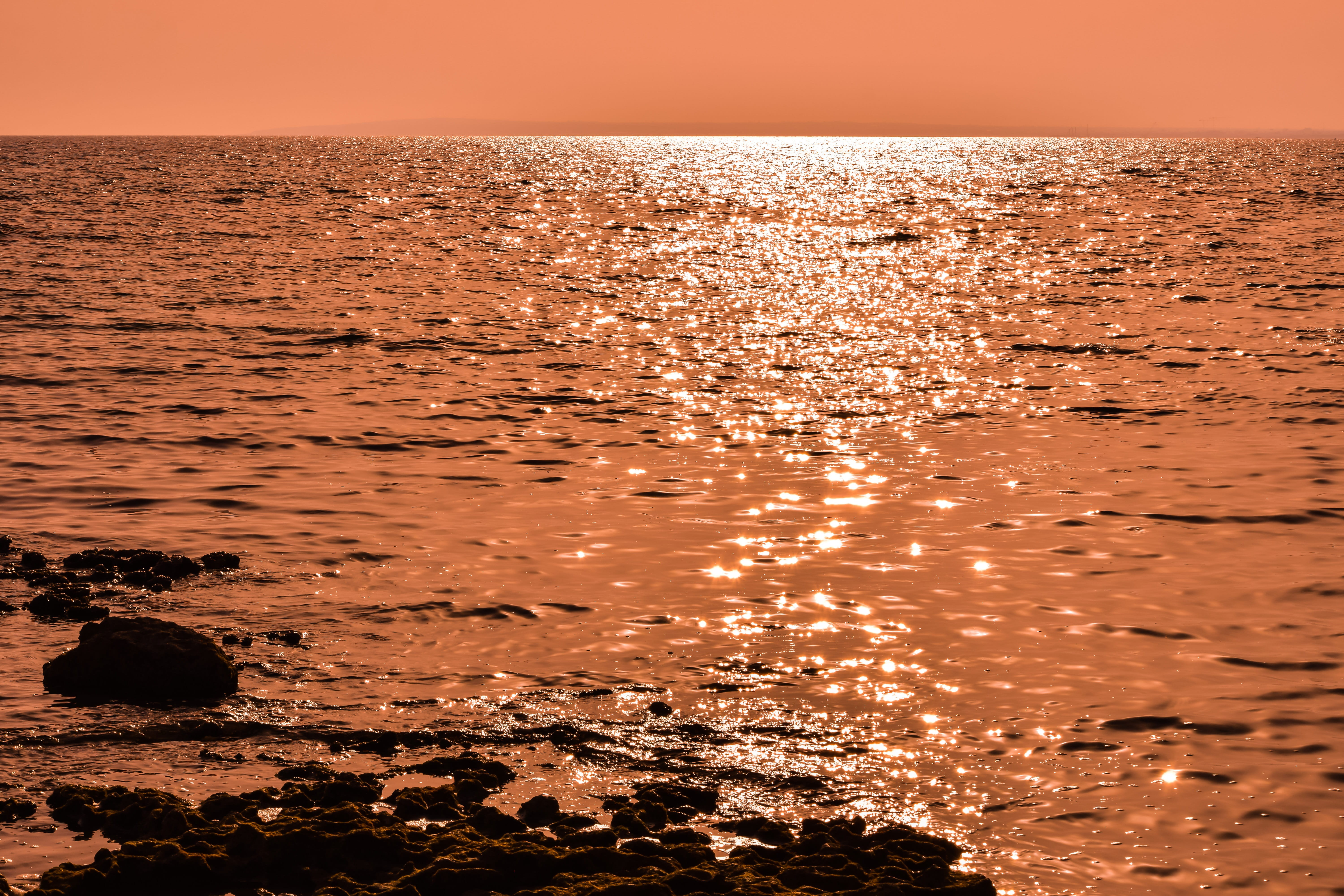tranquil scene, sunlight, rock, reflection, 5K, sunset, water, tranquility, sky, idyllic, ablaze, beach, dusk, no people, horizon over water, outdoors, HD Wallpaper