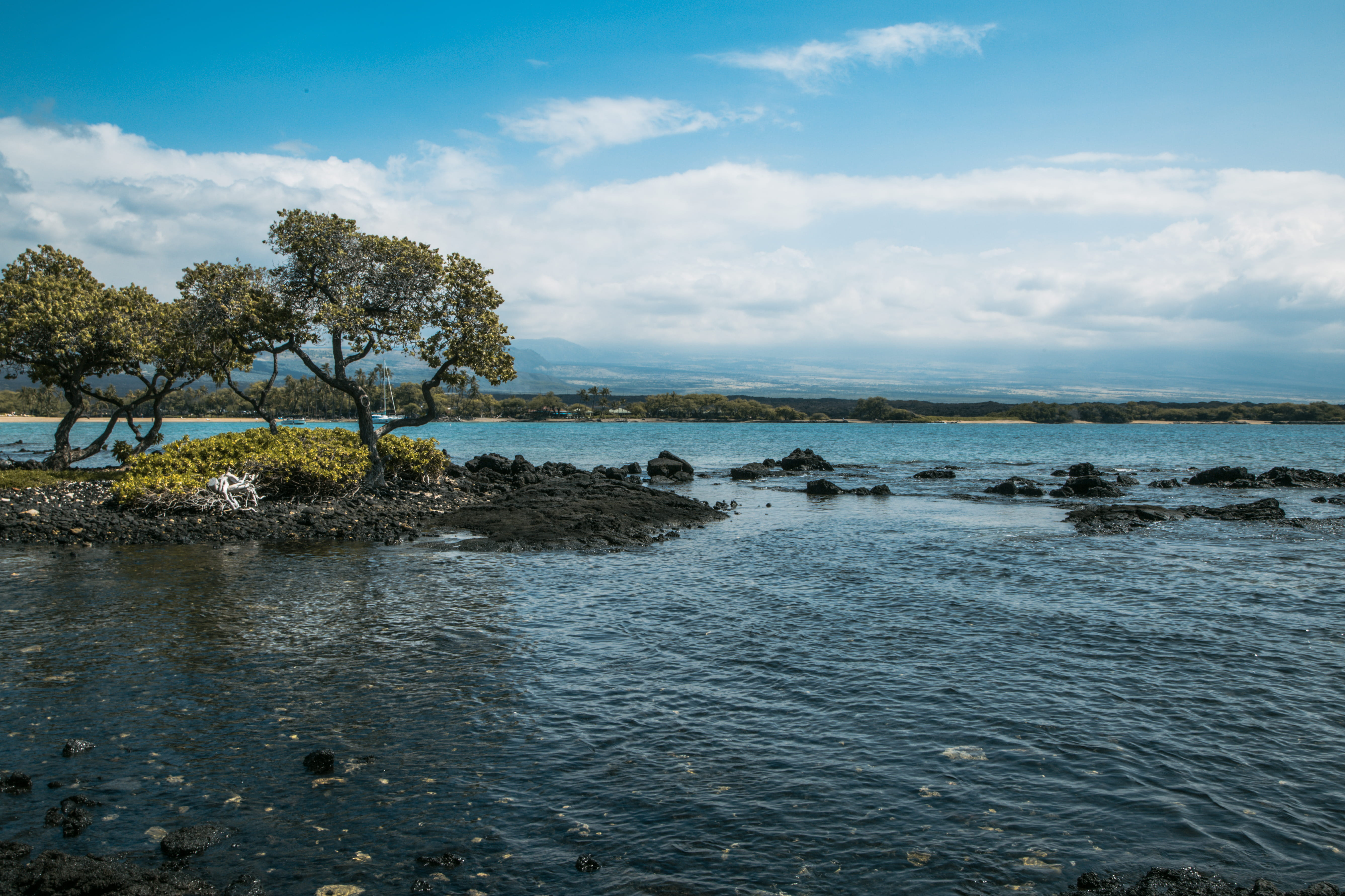 waikoloa village, non-urban scene, trees, no people, united states, tranquility, cloud - sky, water, rock, nature, rocks, rock - object, land, 5K, ocean, HD Wallpaper