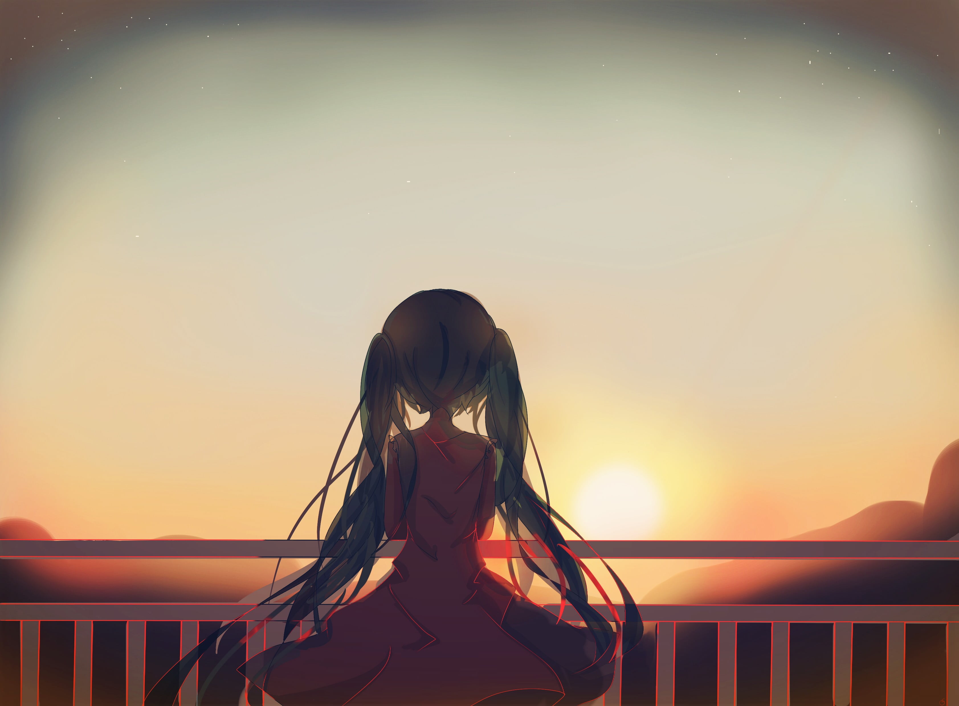 one person, real people, far, adult, young adult, anime, leisure activity, sunset, photo, railing, outdoors, 2K, front view, sky, long hair, Hatsune Miku, HD Wallpaper