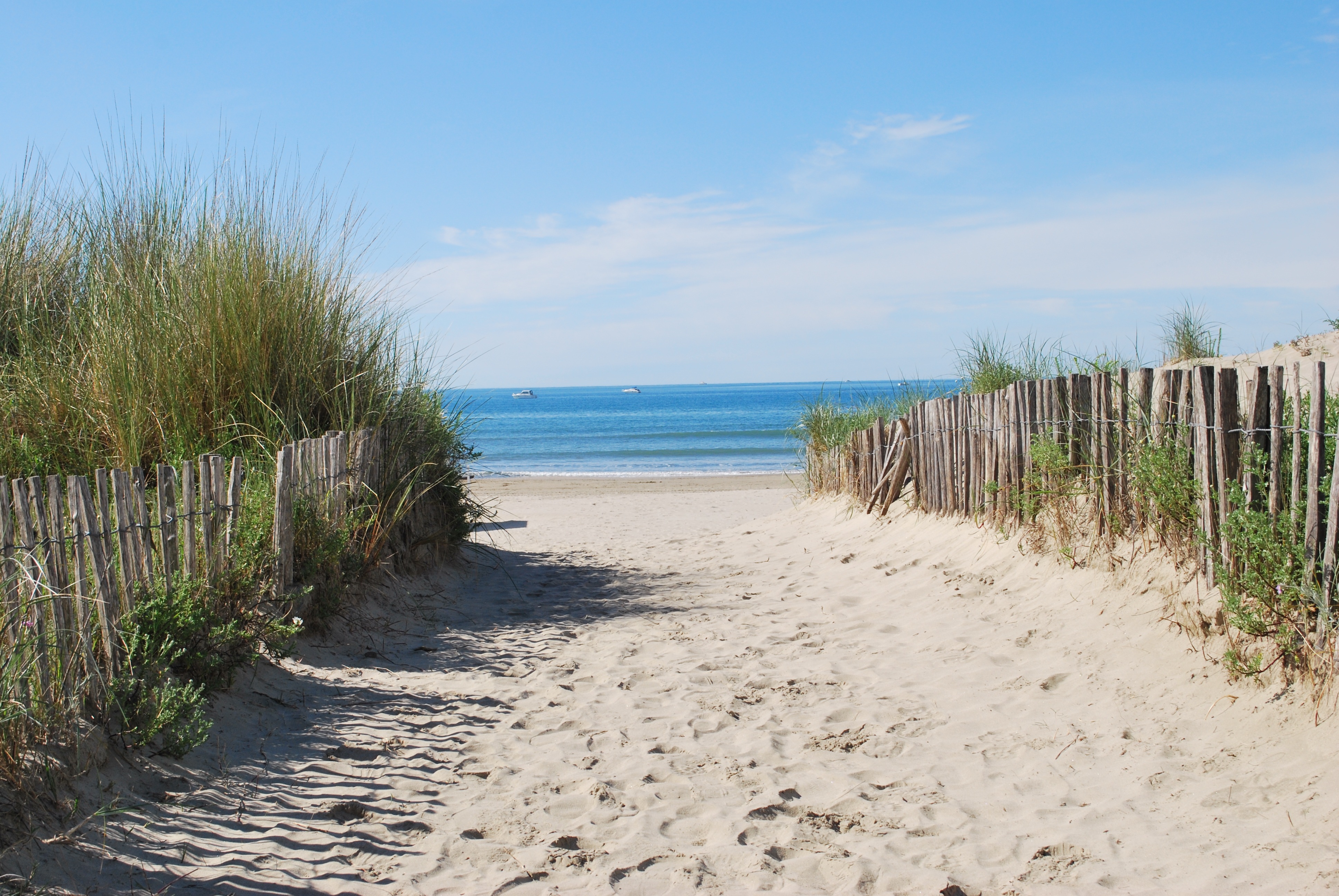 fences, marram grass, tranquility, sky, la grande motte, montpellier, wooden post, horizon over water, day, grass, outdoors, sea, tranquil scene, scenics - nature, HD Wallpaper