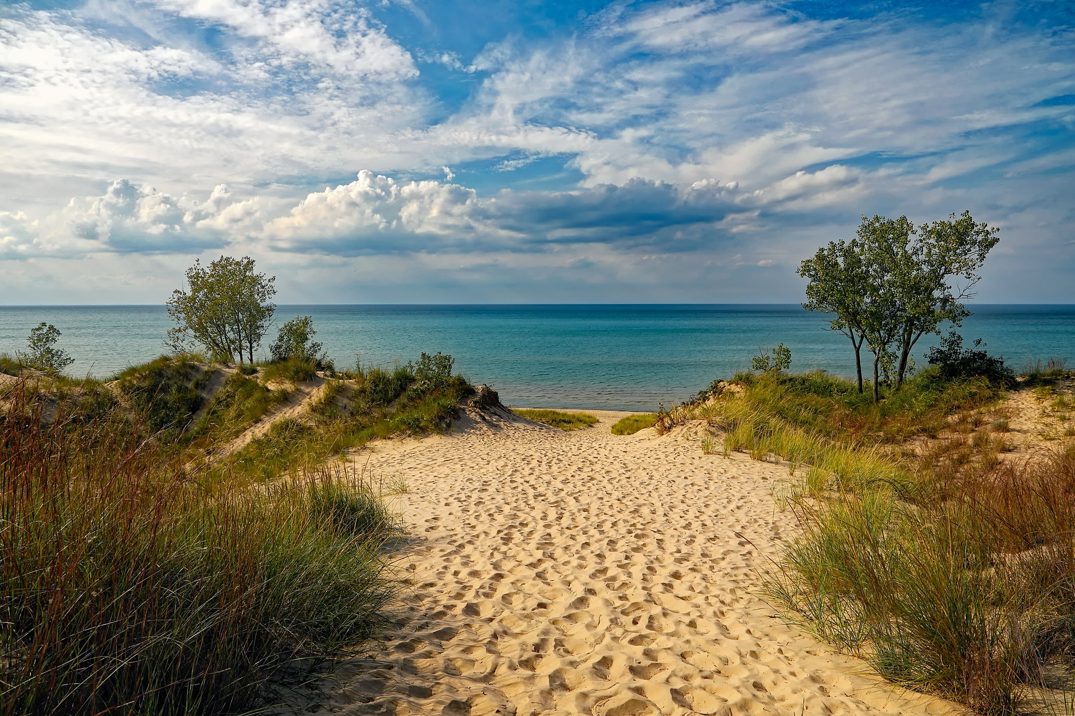 holiday, scenics, beautiful, landscape, grass, water, sand, horizon over water, non-urban scene, nature, lake michigan, sea, cloud - sky, hdr, clouds, body, HD Wallpaper