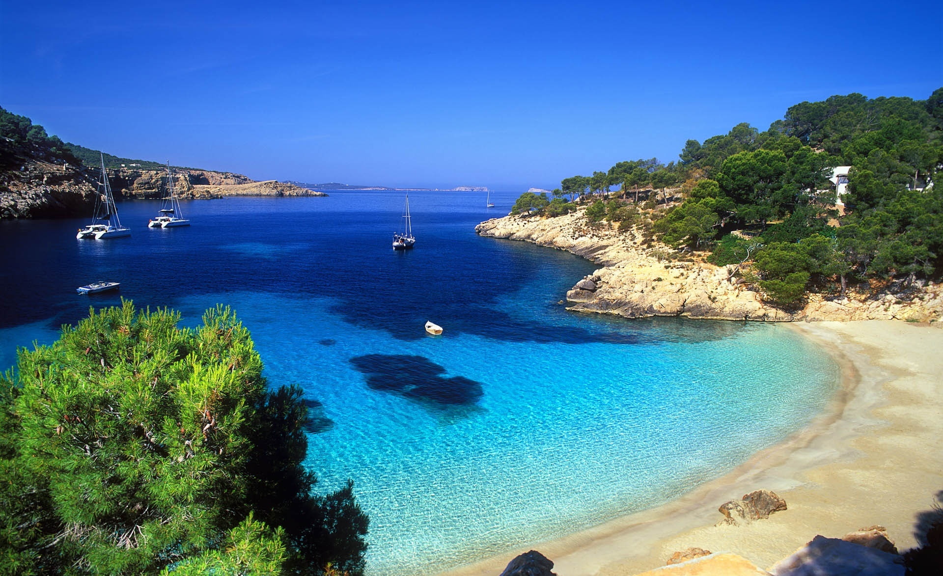 sand, clear sky, yacht, green, ibiza, paradise, transportation, sea, leafed, nautical vessel, brown, tree, ocean, day, outdoors, scenics - nature, beach, HD Wallpaper