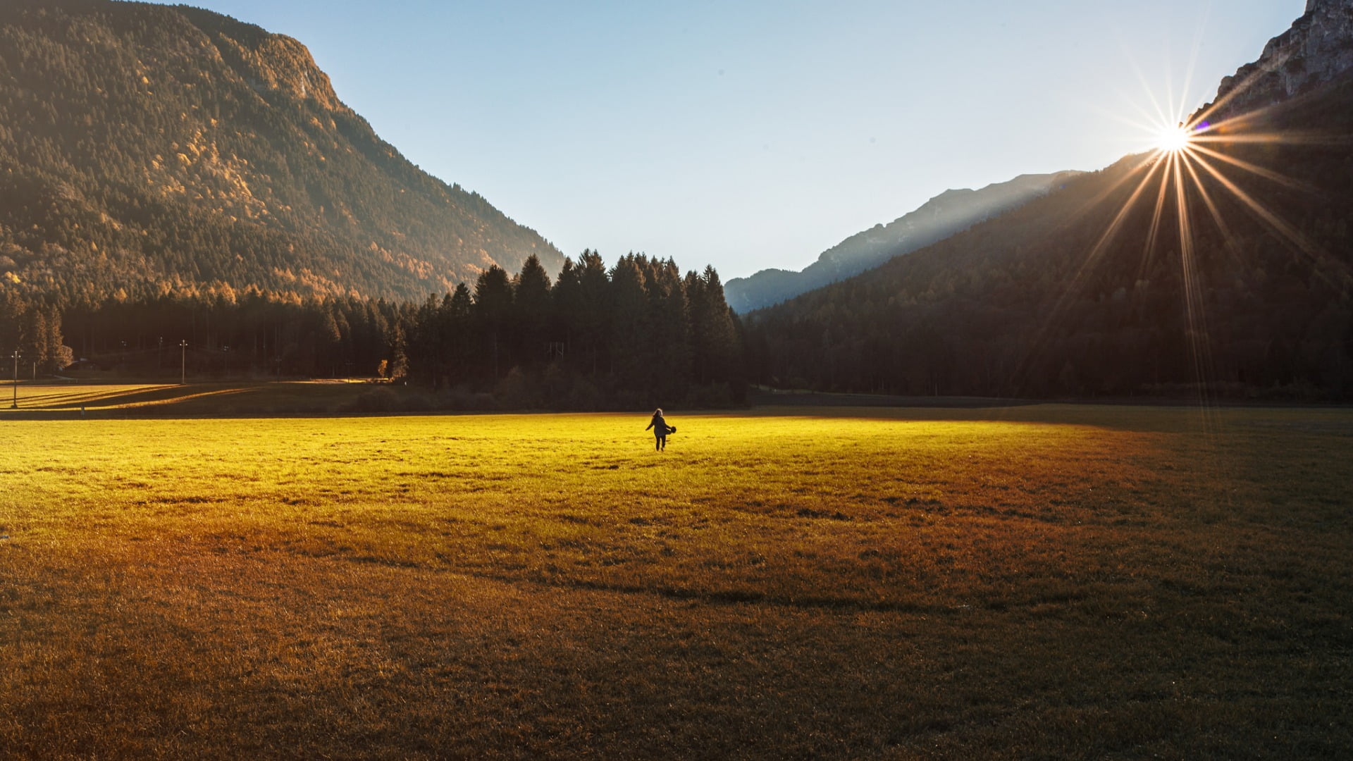beauty in nature, field, clear sky, tranquil scene, sun rays, mountains, mountain range, trees, lens flare, plant, scenics - nature, land, 1080P, nature, HD Wallpaper
