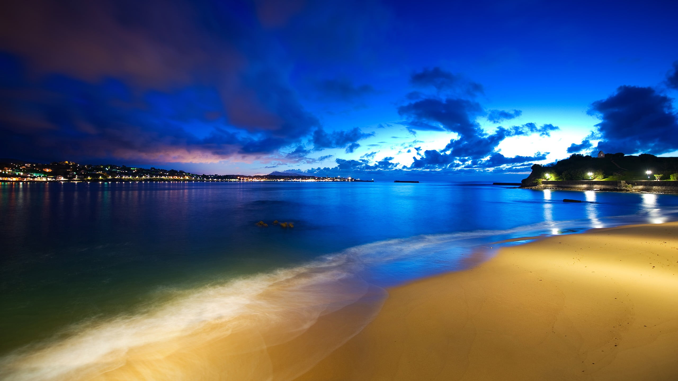 reflection, scenics - nature, land, coast, nature, dusk, blue, night, lights, outdoors, 2K, sea, tranquil scene, cloud - sky, idyllic, seashore, beauty in nature, HD Wallpaper