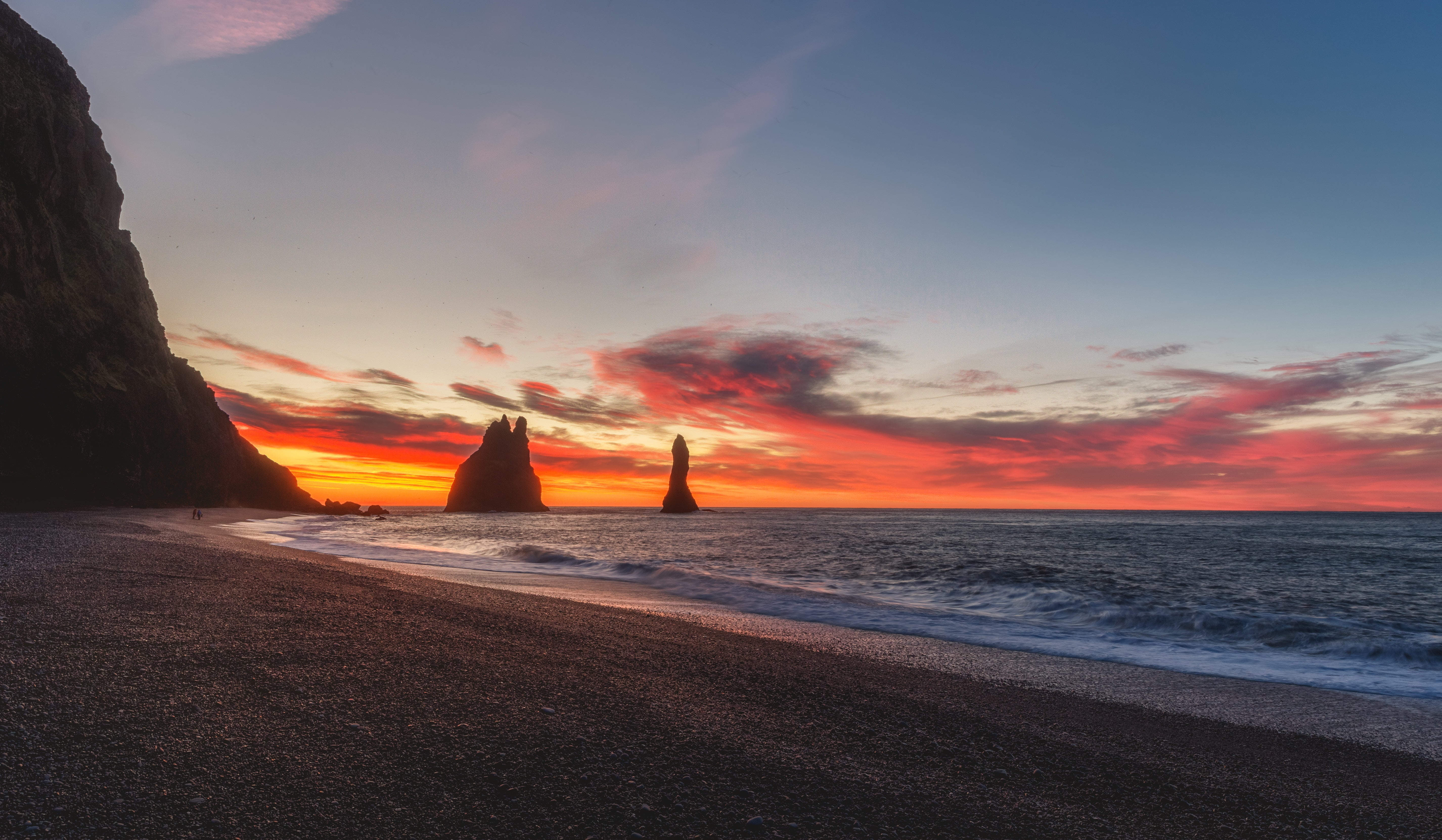 landscape, no people, beauty in nature, clouds, sunset, scenics - nature, 5K, motion, idyllic, cloud - sky, non-urban scene, Iceland, seashore, orange color, HD Wallpaper