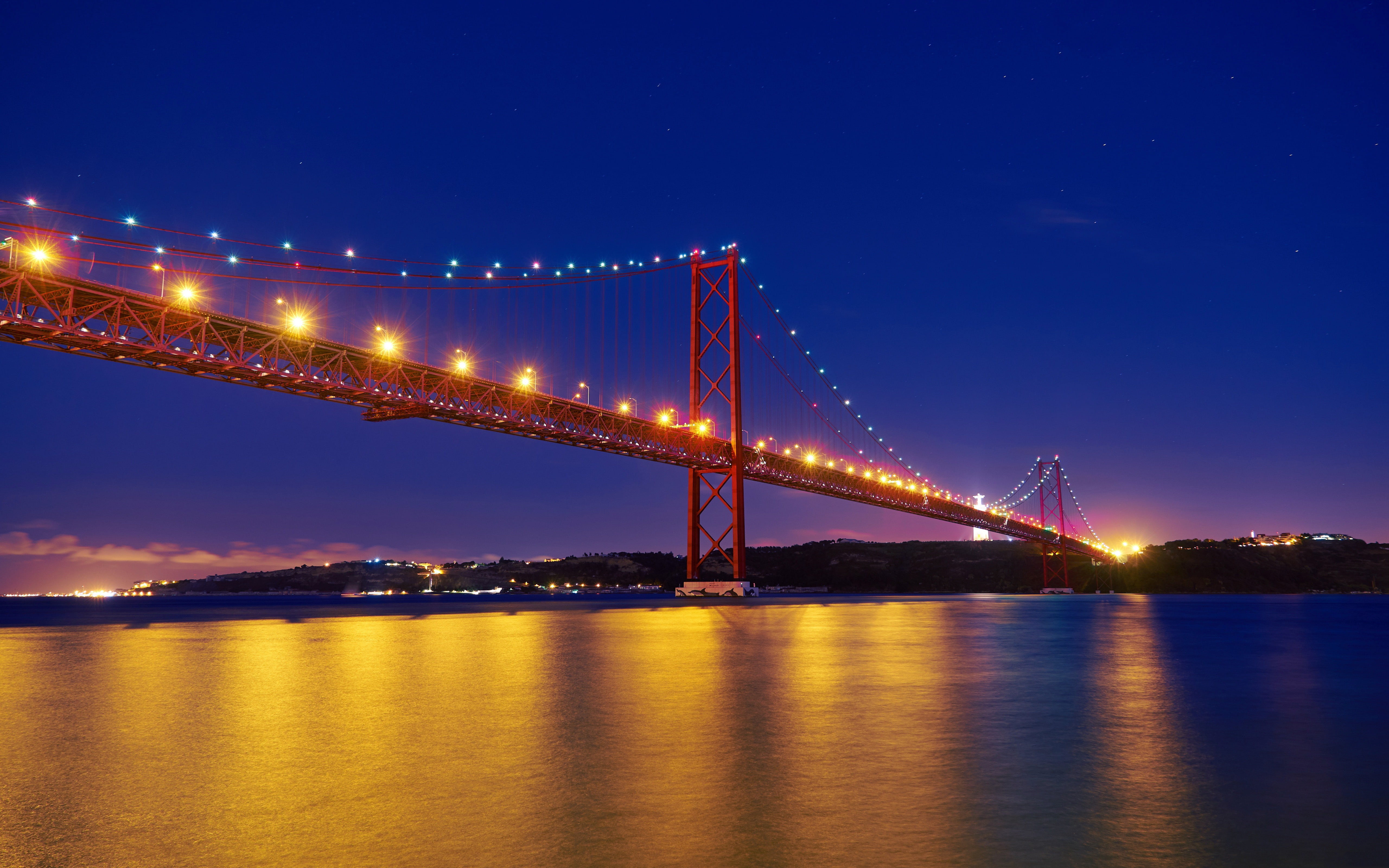 lights, 5K, Portugal, bridge 25 Abril, night, the Tagus river, HD Wallpaper